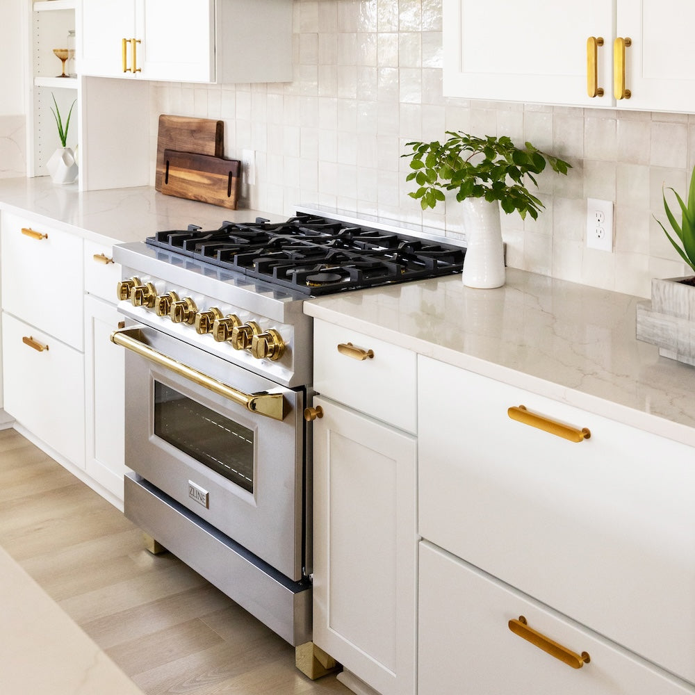 ZLINE Autograph Edition 36-inch Stainless Steel Dual Fuel Range Kitchen Package with Range Hood, Dishwasher & Refrigerator - Polished Gold Accents (4AKPR RARHDWM36 G) | Perfect for Modern Kitchens & Luxury Home Renovations