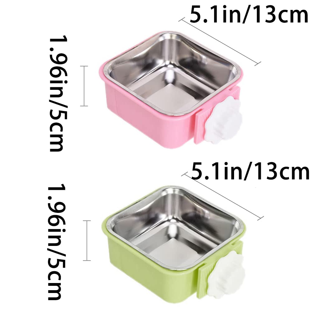 Stainless Steel Crate Dog Bowl - Removable Pet Feeder for Cages, Coops & Crates - Food & Water Dish for Cats, Puppies, Birds, Rabbits & Small Animals - Secure Bolt Holder - Large Square Bowl (Green & Pink) - Perfect for Travel, Kennels & Home Use