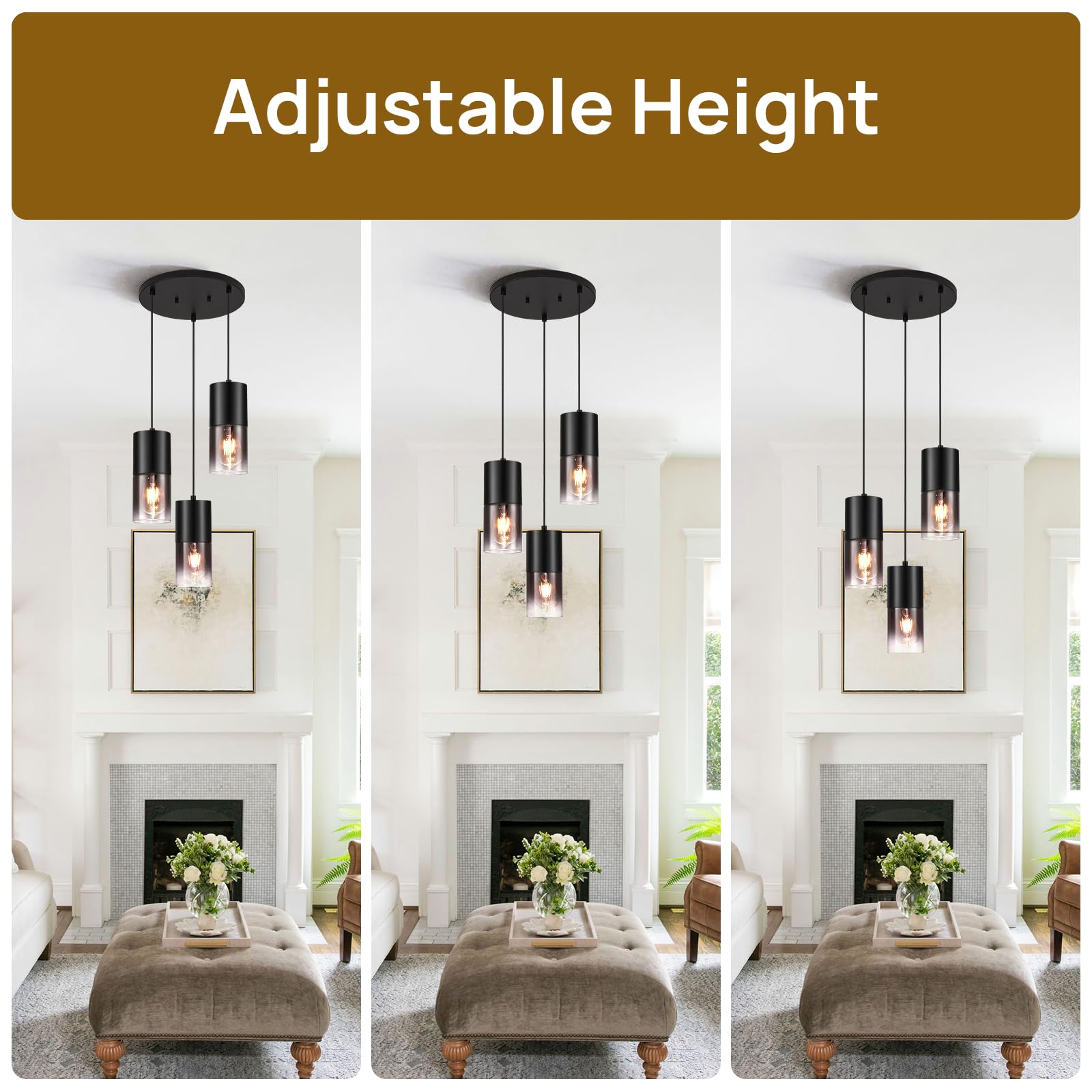 Industrial Black Glass Pendant Light - 3 E26 Bulb Kitchen Island Lighting with 59