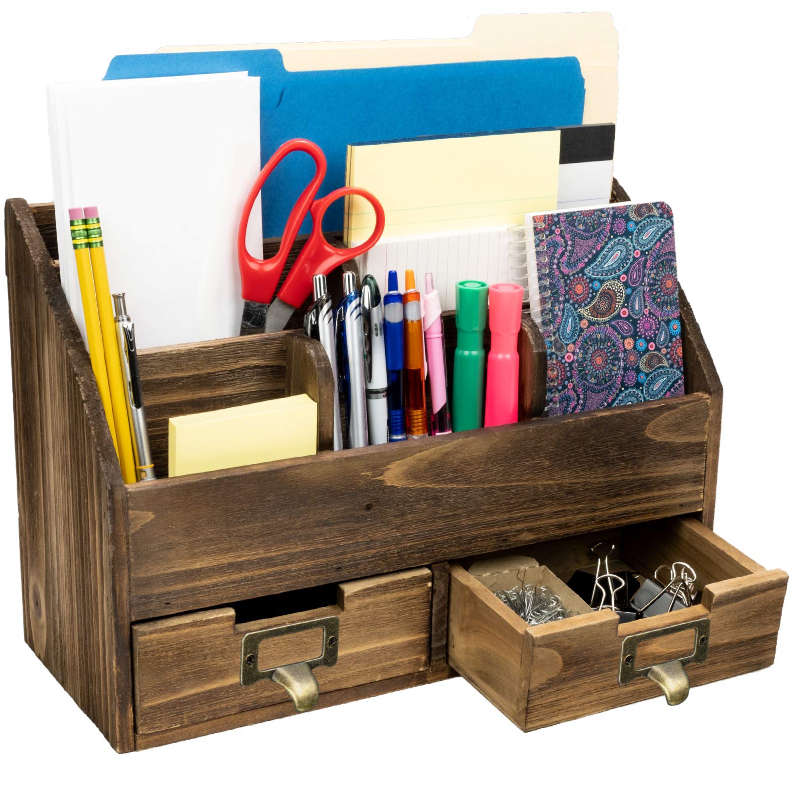 Rustic Wood Office Desk Organizer with 6 Compartments & 2 Drawers - Dark Brown Desk Accessory for Mail, Pens, Notebooks, Folders & Office Supplies | Perfect for Home Office, Study & Workspace Organization