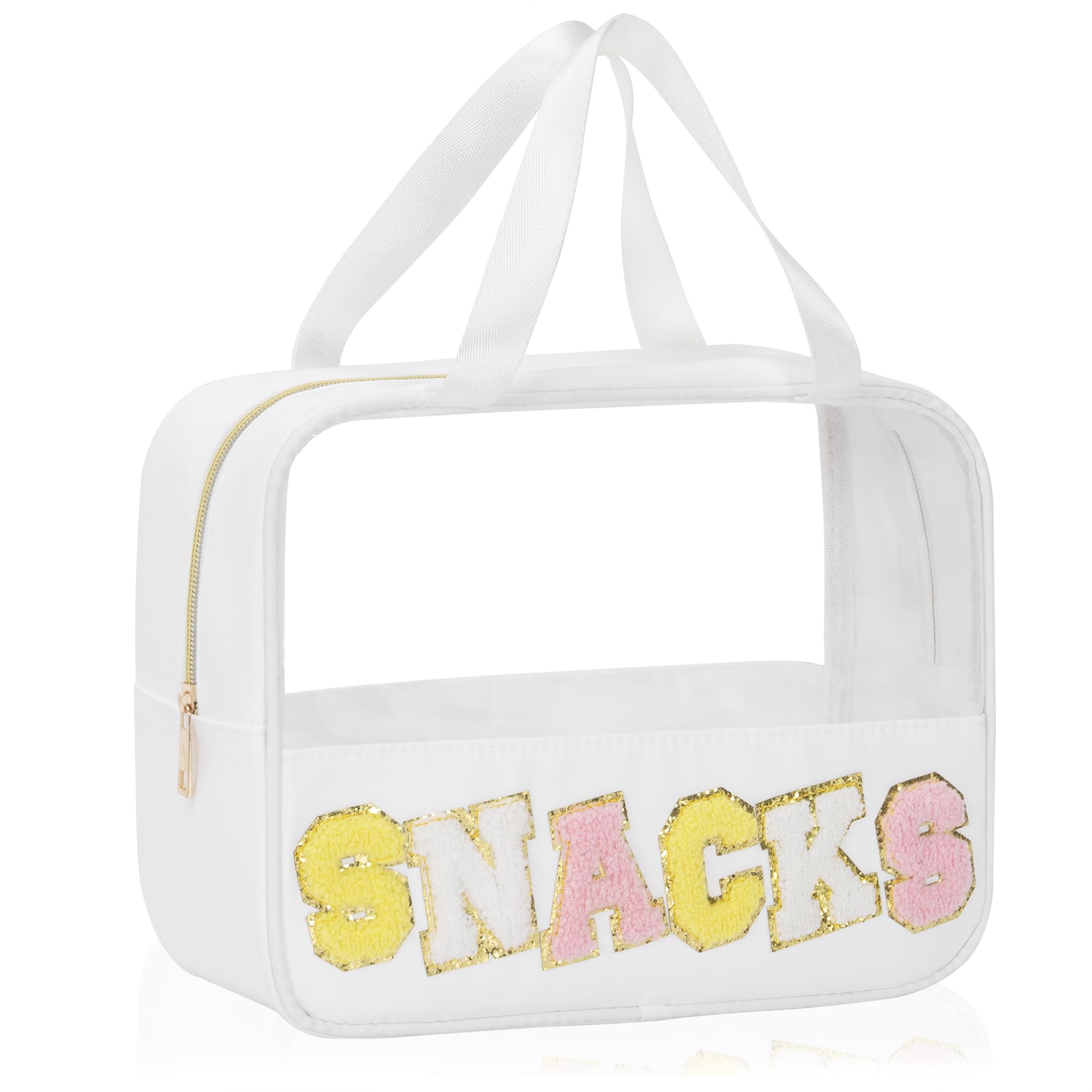 Chenille Letter Snacks Bag - Clear TPU & Nylon Zipper Pouch with Handle for Travel, Makeup, Toiletries & Organizing | Multi-Purpose Cosmetic Storage for Women | Perfect for School, Gym, Beach & Daily Use (White)