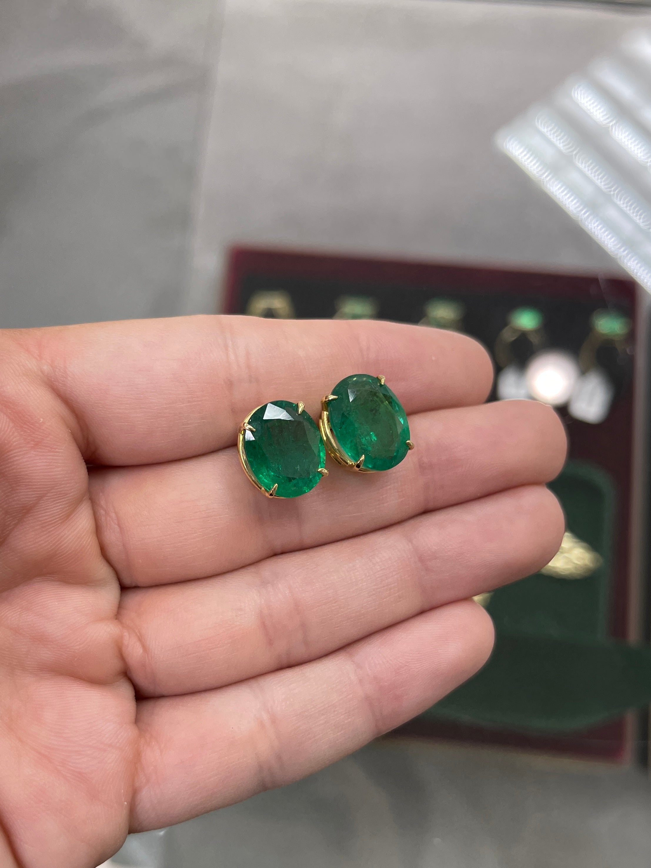 13.61tcw AAA Fine Quality HUGE Dark Green Zambian Oval Stud Earrings in 18K Gold - Perfect for Evening Parties, Weddings & Special Occasions