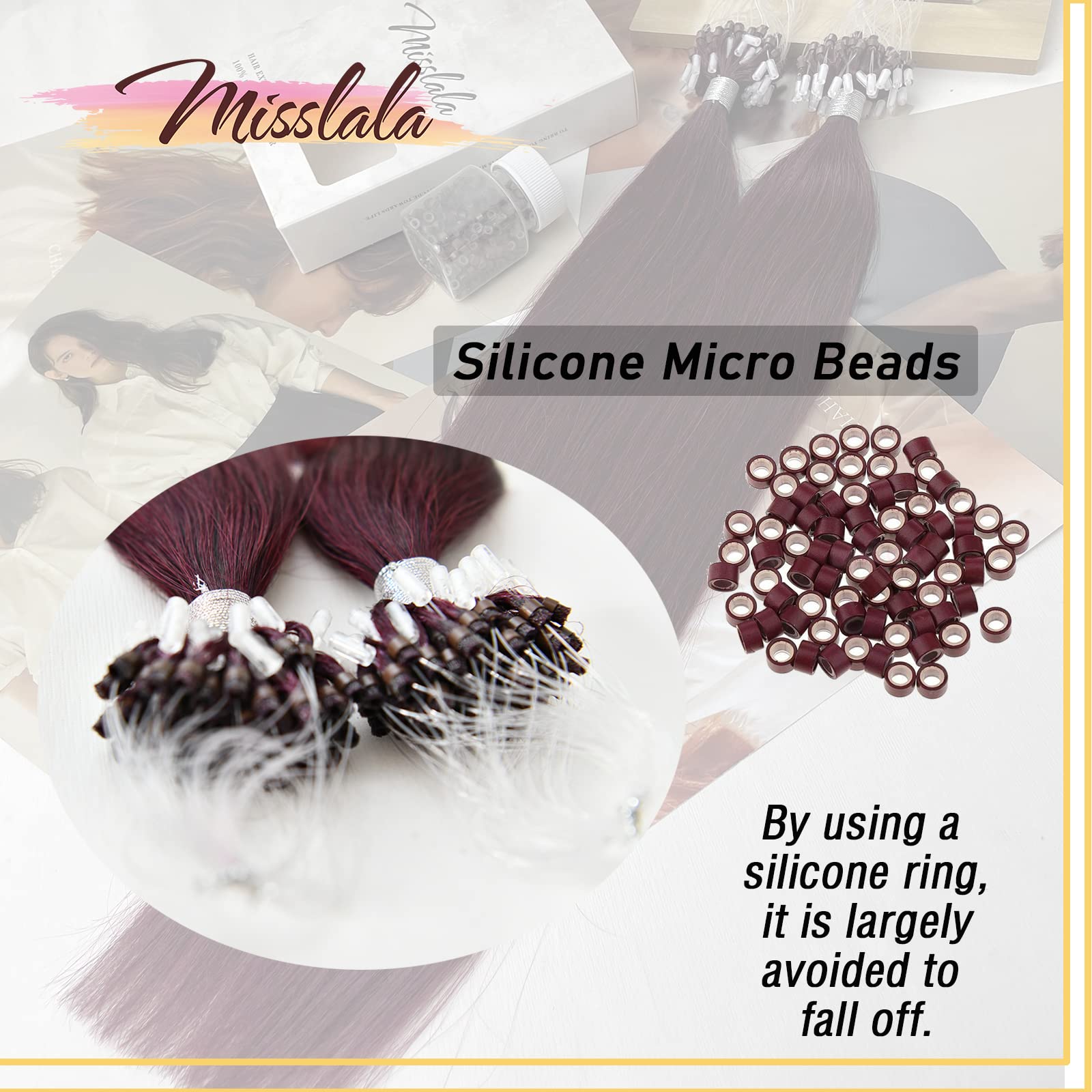 Misslala 22 Inch Microbead Hair Extensions - 100% Remy Human Hair with Micro Ring Links (50G, 50 Strands) in #99J Red Wine Color | Perfect for Parties, Weddings & Daily Styling