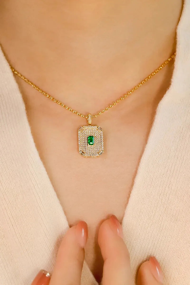 18K Yellow Gold Emerald and Diamond Necklace for Women - Luxury Real Natural Gemstone Jewelry, Perfect for Parties, Weddings & Special Occasions