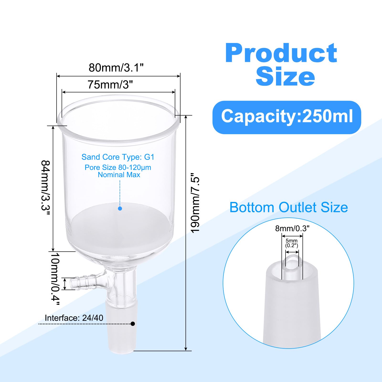 PATIKIL 250ml Borosilicate Glass Buchner Funnel with Fine Frit (G1) - 24/40 Standard Taper Joint for Laboratory Experiments - 75mm ID, 84mm Depth - Ideal for Vacuum Filtration in Chemistry Labs & Scientific Research