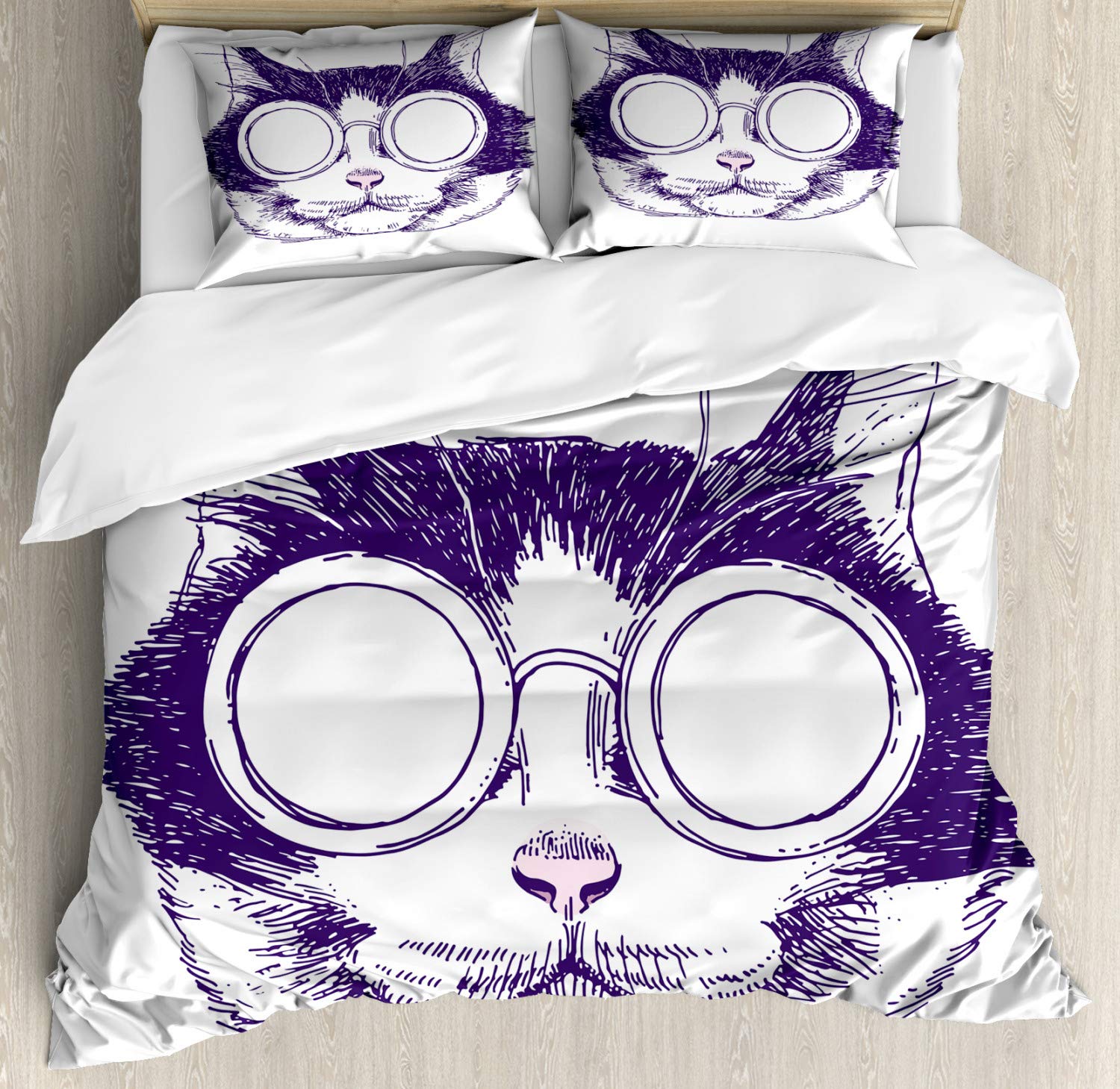 Ambesonne Cat Lover Duvet Cover Set - King Size 3-Piece Bedding with Funny Sunglasses Cat Portrait in Indigo & Pale Pink | Perfect for Cat Enthusiast Bedrooms & Unique Gift Ideas