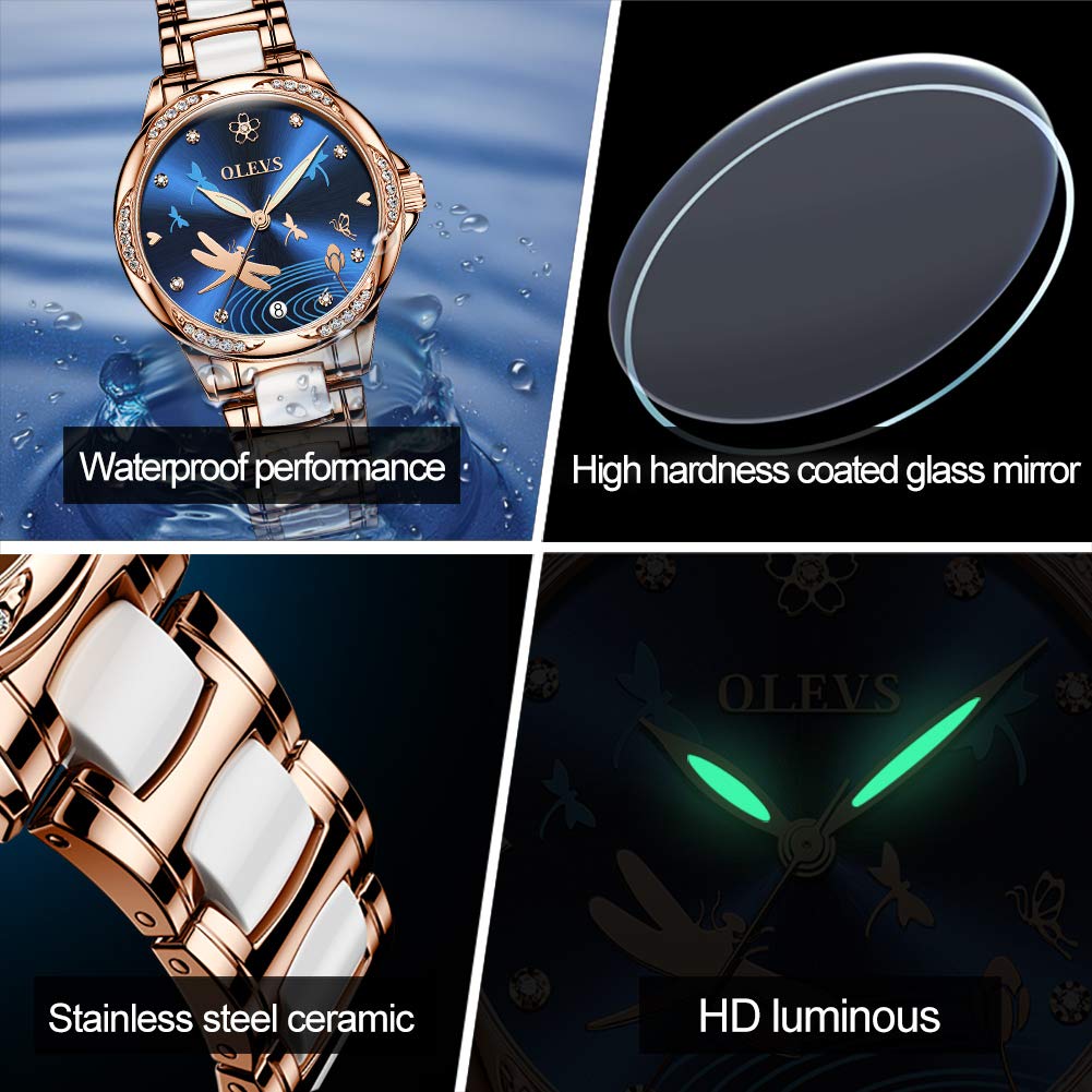 OLEVS Women's Automatic Mechanical Watch with Diamond Heart Dial, Rose Gold Ceramic Band, Waterproof & Luminous Date Display - Perfect for Daily Wear, Office, Dating & Special Occasions