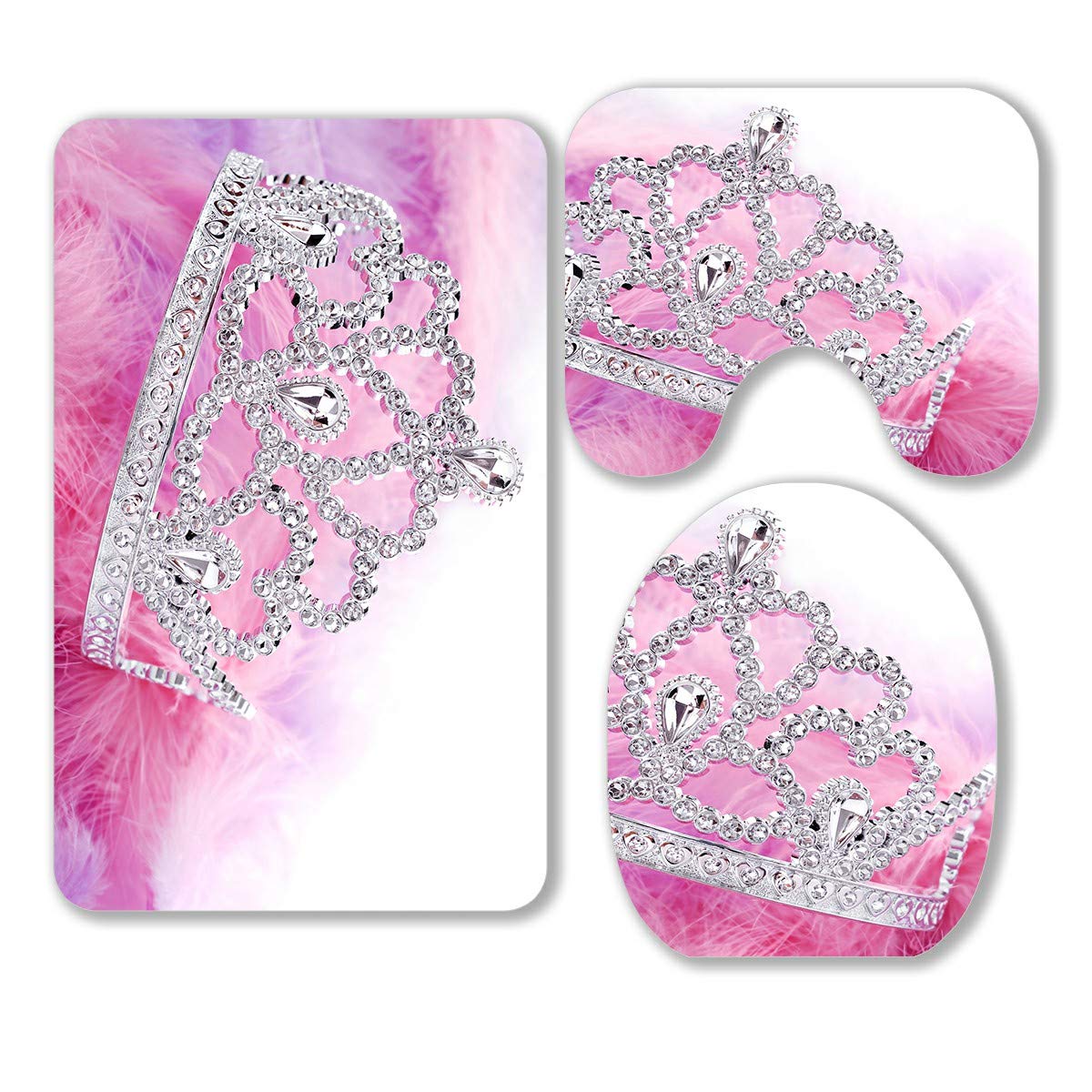 Sparkly Tiara for Little Girls with Pink & Purple Feathers - 3-Piece Bathroom Rug Set Includes Contour Mat & Toilet Lid Cover | Princess-Themed Bathroom Decor for Kids' Rooms & Birthday Parties