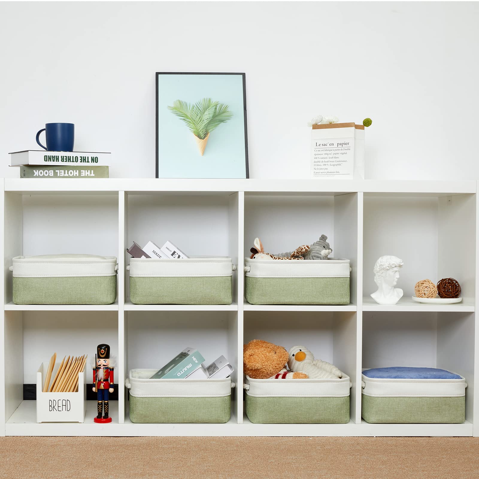 Bidtakay 6-Pack Small Storage Baskets - White & Green Decorative Organizing Bins for Linen Closet, Shelves, Nursery, or Pet Toys | Perfect for Home Organization, Baby Storage & Gift Packaging