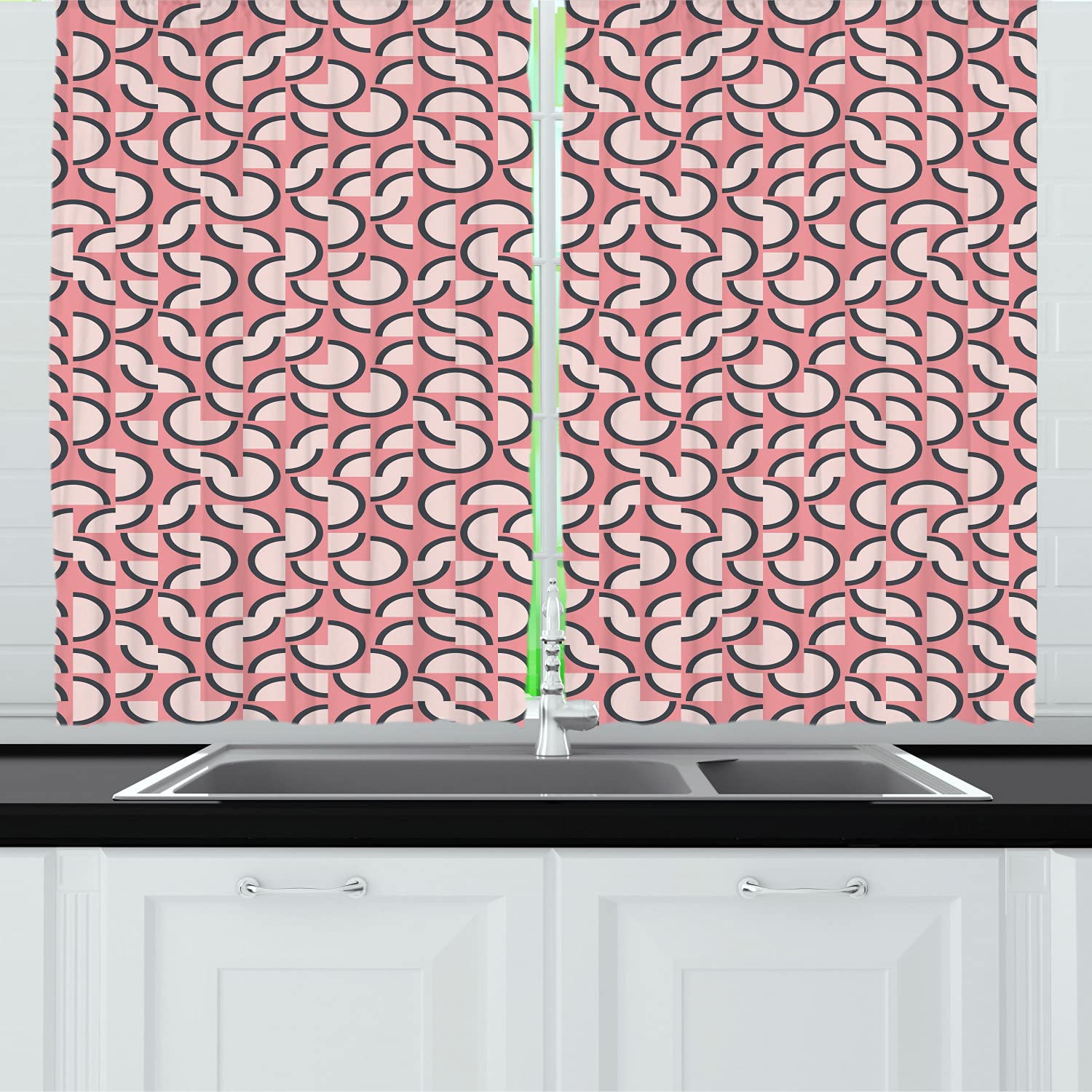Ambesonne Pink and Grey Long Kitchen Curtains - Truchet Tile Geometric Pattern Drapes with Rod Pocket, 55
