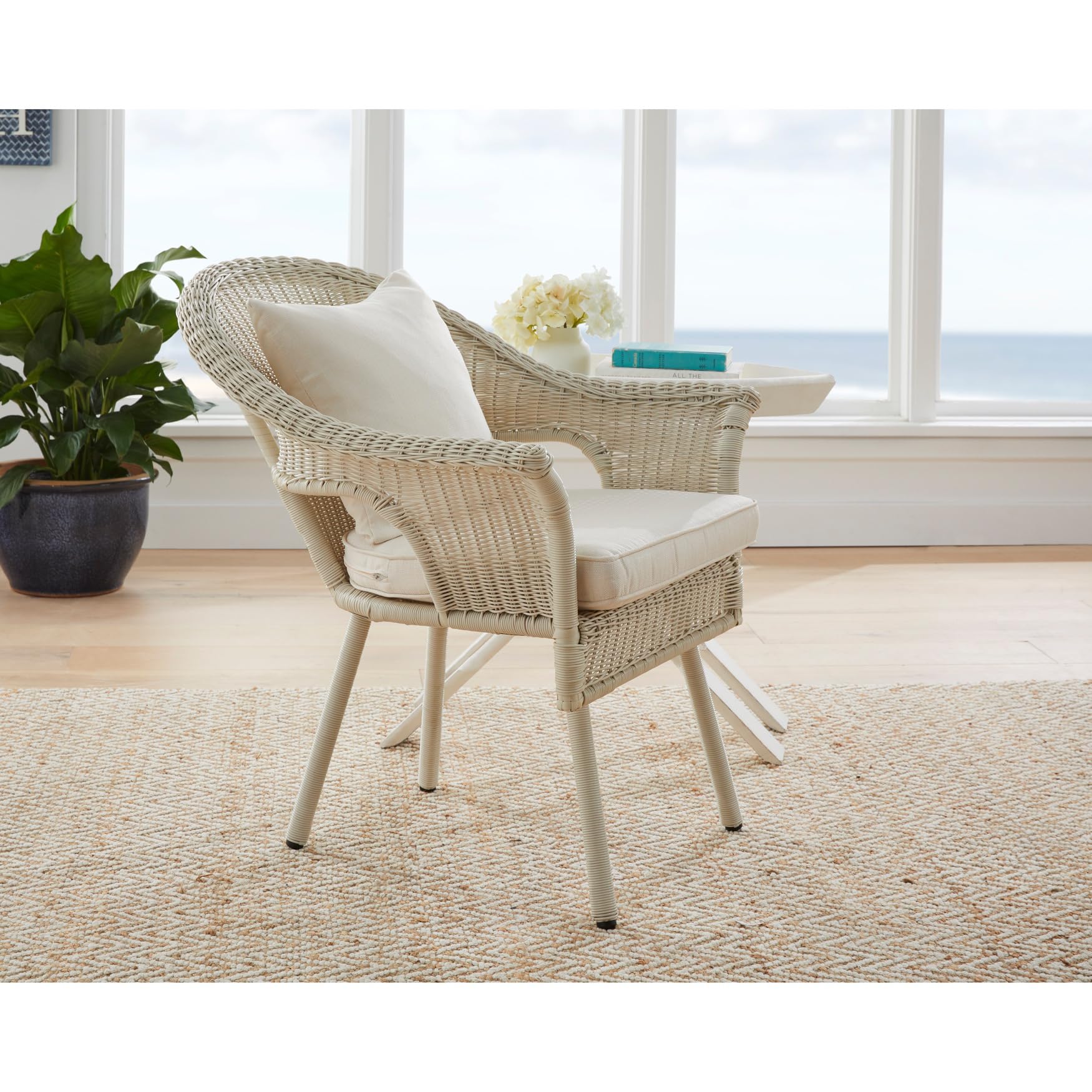 BrylaneHome Outdoor Weather Resistant Roma Hand-Woven Resin Wicker Stacking Chair with Free Seat & Back Cushions - 250 lb Capacity, White - Perfect for Patio, Deck, Backyard, Garden & Poolside Relaxation