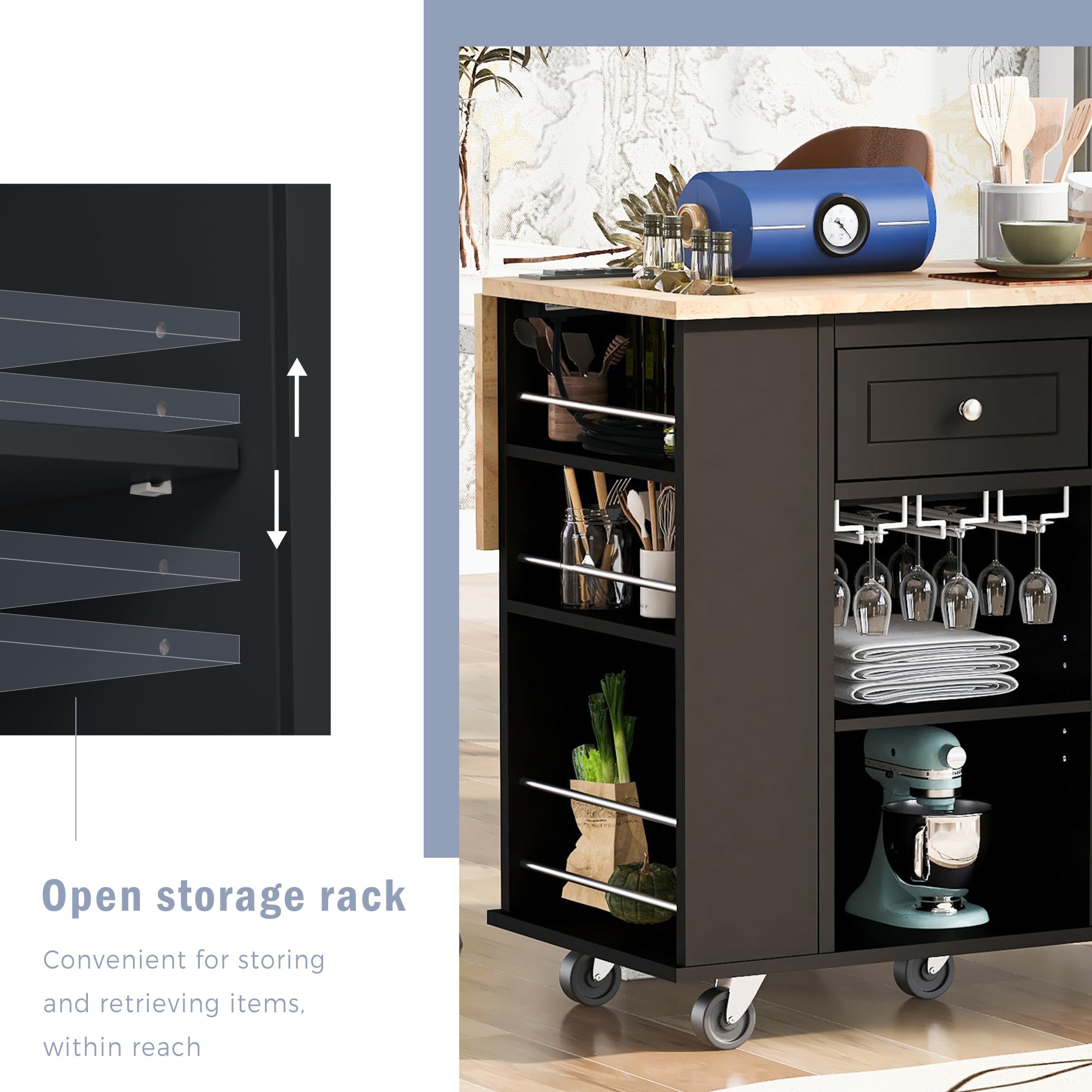 Black Kitchen Island Cart with Power Outlet, Drop Leaf & Rubber Wood - Open Storage, Wine Rack & 5 Casters - Adjustable Storage Organizer for Home Kitchen & Dining Room - Perfect for Small Spaces, Entertaining & Meal Prep