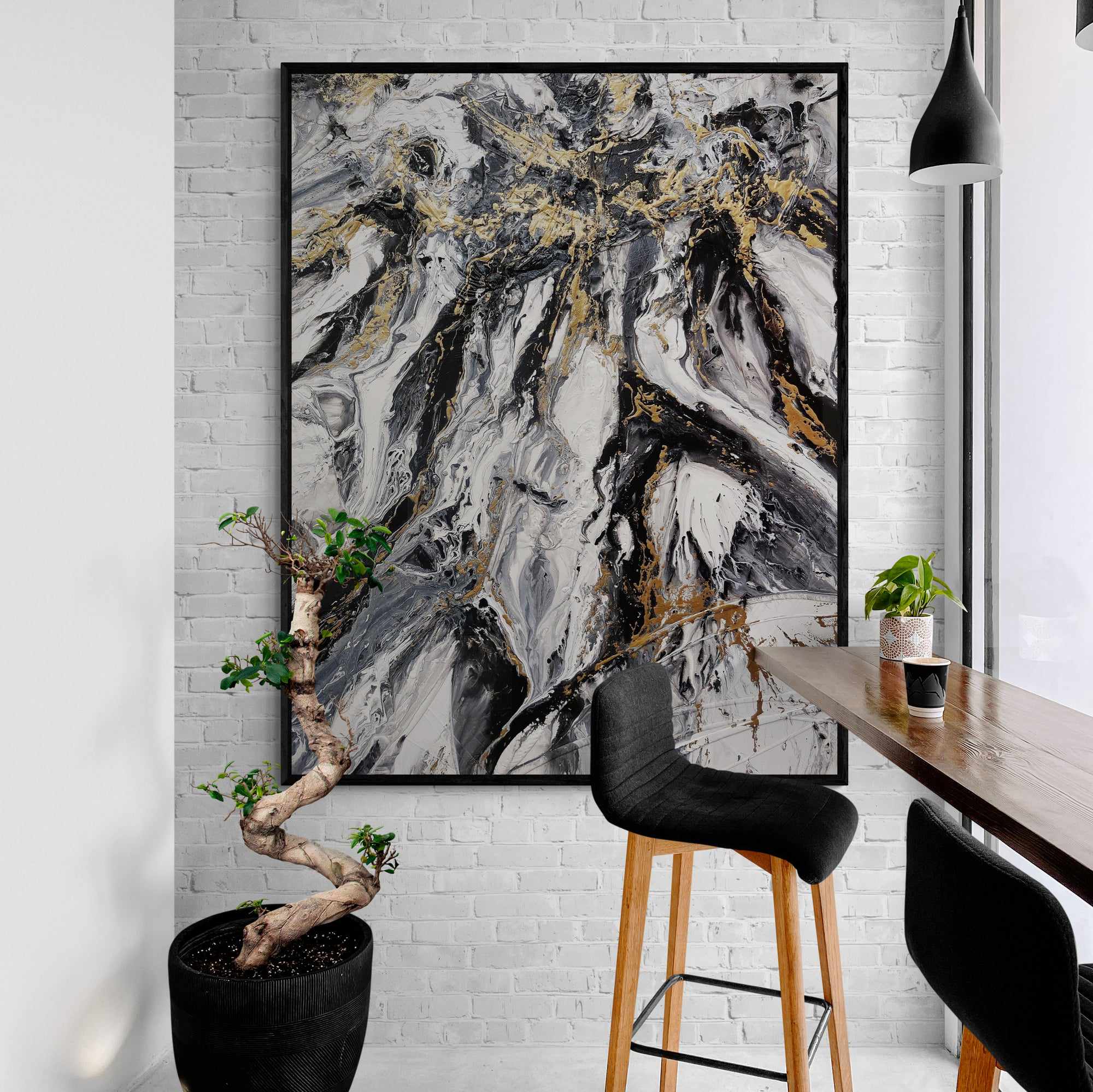 140cm x 180cm Black Gold White Textured Abstract Canvas Painting - Modern Wall Art for Living Room, Bedroom & Office Decor