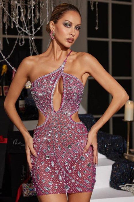 Elegant Pink Rhinestone Mesh Mini Dress - Backless Party Dress for Women | Perfect for Evening Events, Cocktail Parties & Night Out