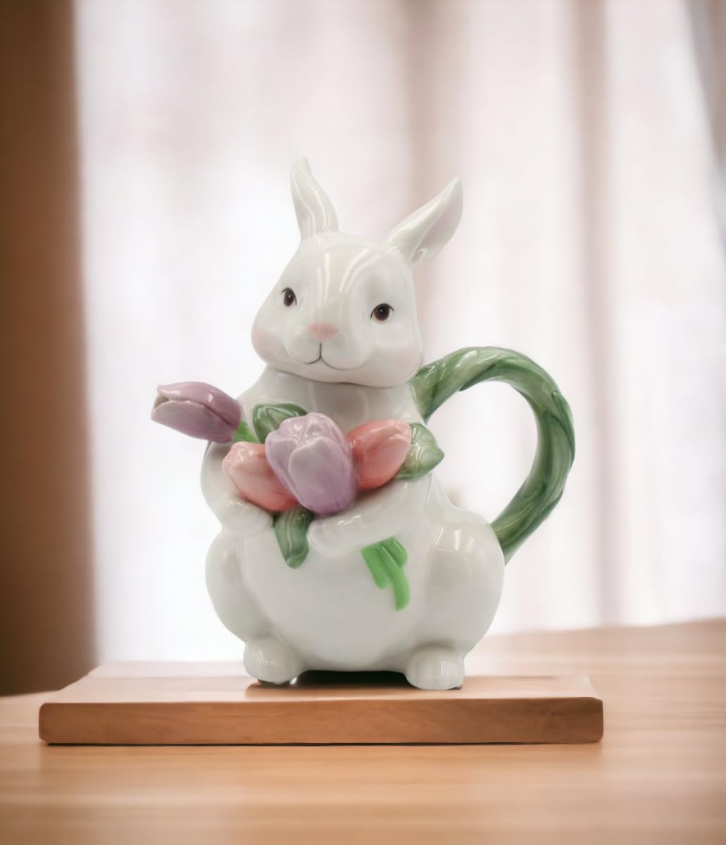 Hand-Painted Ceramic Bunny Rabbit Teapot with Tulips - 7.25 Inch Tall - Perfect for Easter Decor, Tea Parties & Spring Home Decor