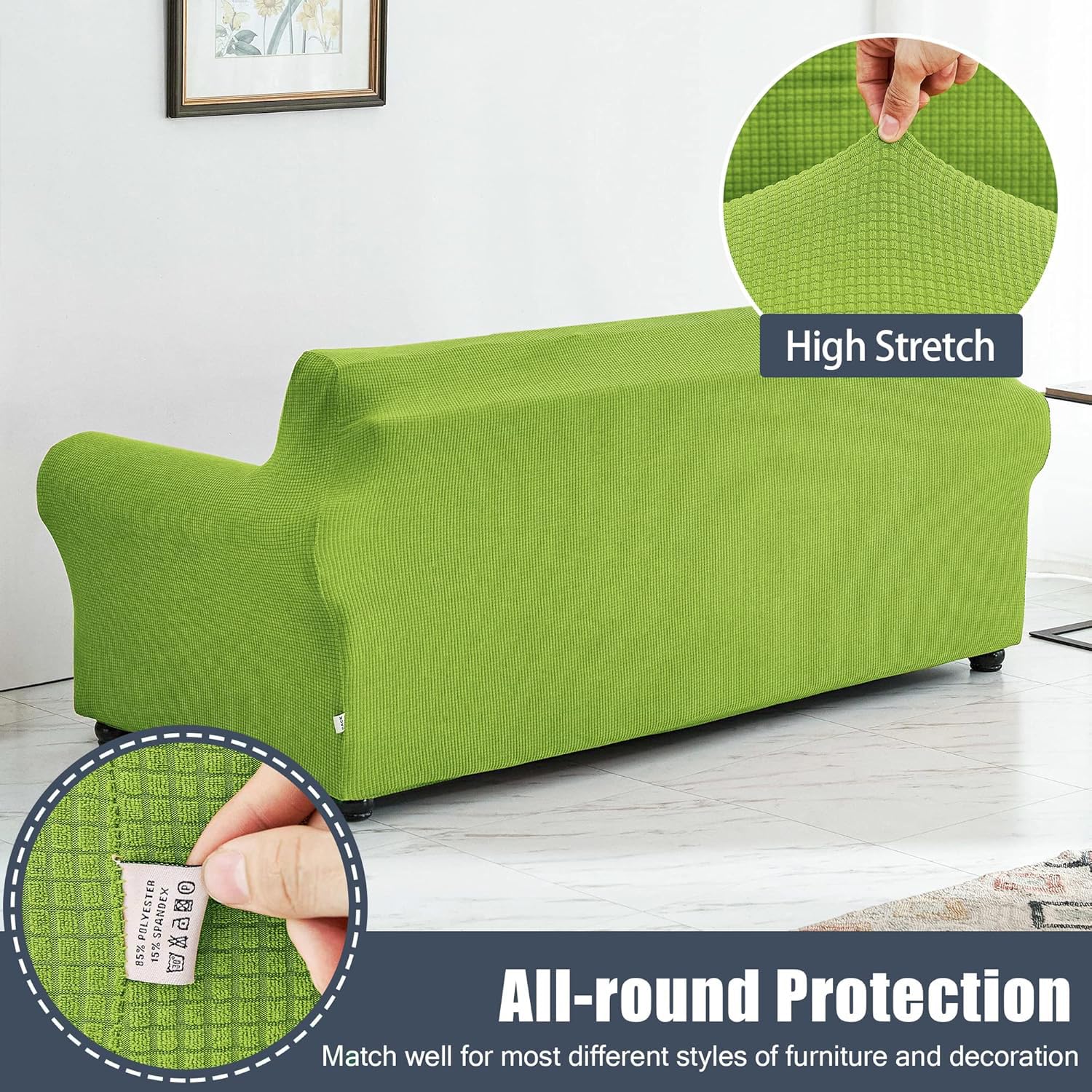 Stretch Sofa Slipcover - Waterproof Couch Cover with Elastic Bottom, Soft Furniture Protector for Kids & Pets (Green, Size S) - Perfect for Living Room, Family Room & Pet-Friendly Homes