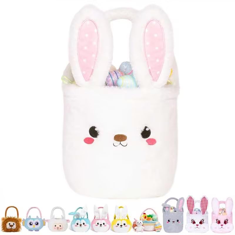 Easter Bunny Basket for Kids - Cute Plush Foldable Ears Easter Egg Hunt Tote with Handle - 9x9 Inch White Candy Bag Gift for Boys Girls Teens - Perfect for Easter Decorations, Egg Hunts & Party Favors