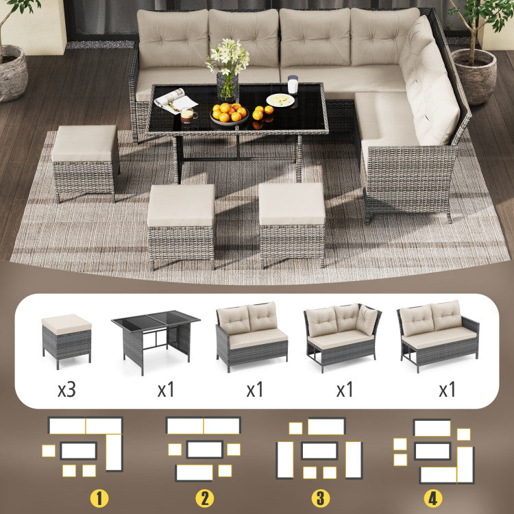Costway 7-Piece Patio Dining Set with Cushioned Chairs, Ottomans & Tempered Glass Table - Outdoor Furniture for Garden, Backyard, Poolside & Balcony
