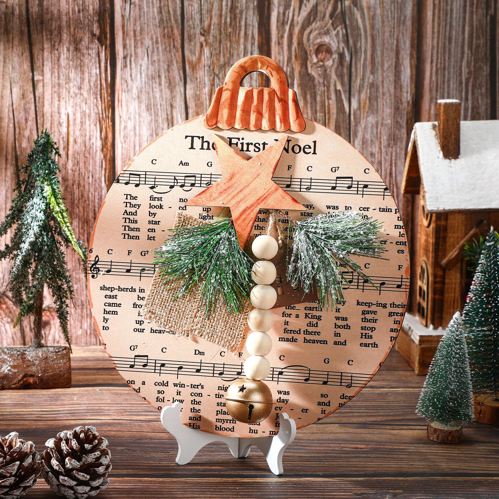 Vintage Christmas Sheet Music Wooden Table Decor - Rustic Farmhouse Holiday Centerpiece with Rectangular Base for Home, Office & Party Decorations | Perfect for Christmas Dinner, Gift Wrapping & Festive Home Staging