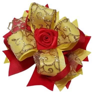 Elegant Red & Gold Princess Hair Bow - Belle Inspired Rose Hair Accessory for Weddings, Pageants, Flower Girls & Photo Shoots
