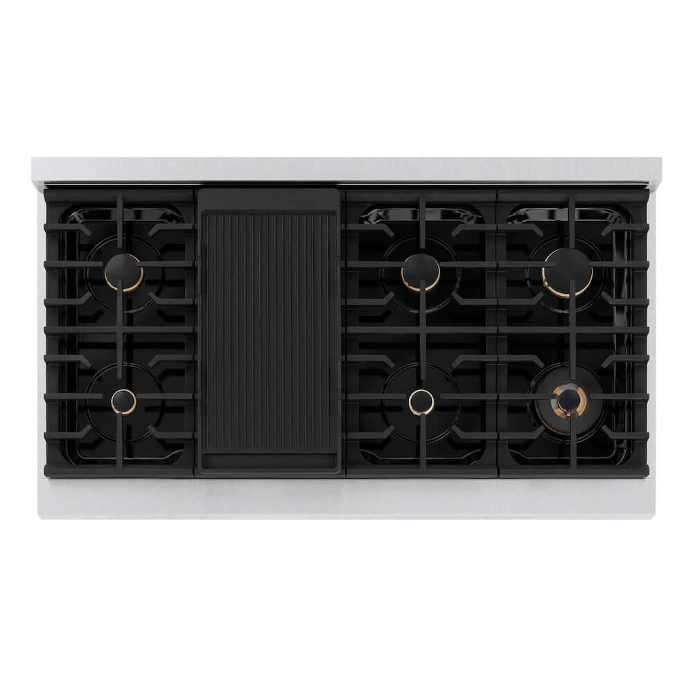 ZLINE Autograph Edition 48-inch 6.7 cu. ft. Double Oven Gas Range with 8 Burner Cooktop - Satin Stainless Steel, Black Matte Doors & Champagne Bronze Accents (SGRSZ BLM 48 CB) | Professional Kitchen Appliance for Home Chefs & Cooking Enthusiasts