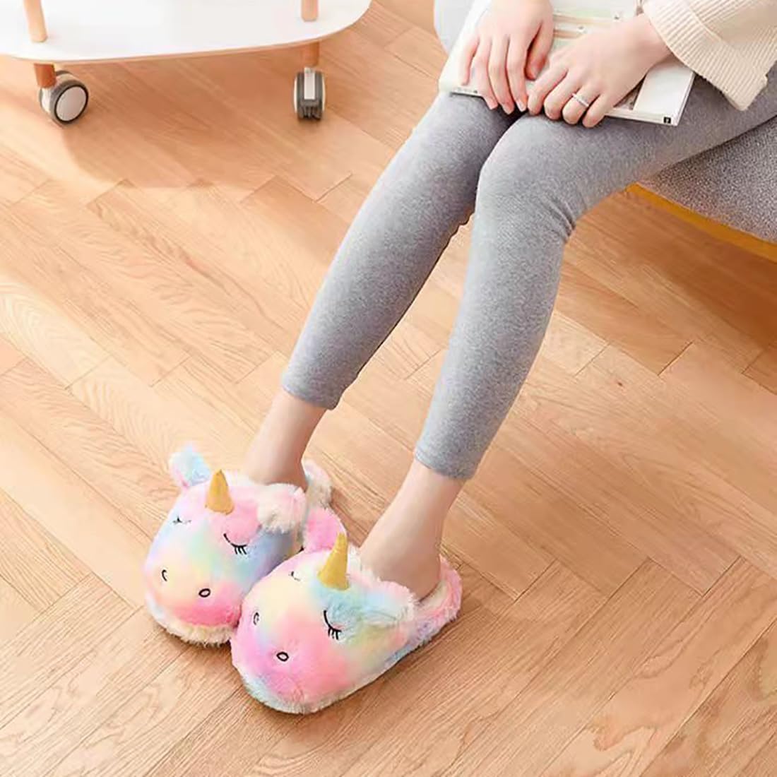 HANDKEI Cute Rainbow Unicorn Slippers - Plush Animal House Shoes for Women & Girls - Soft Warm Winter Indoor Slippers for Home, Lounge, Bedroom - Cozy Gift Idea for Christmas & Birthday