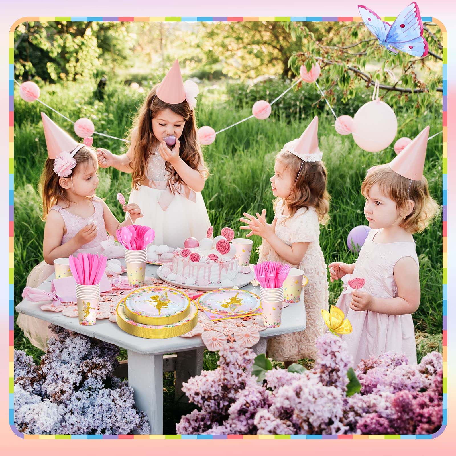 Butterfly Fairy Party Plates & Napkins Set for 24 Guests - 168 Pc Birthday Baby Shower Decorations with Cups, Cutlery (Forks, Knives, Spoons) - Perfect for Girls' Fairy Theme Parties & Special Celebrations