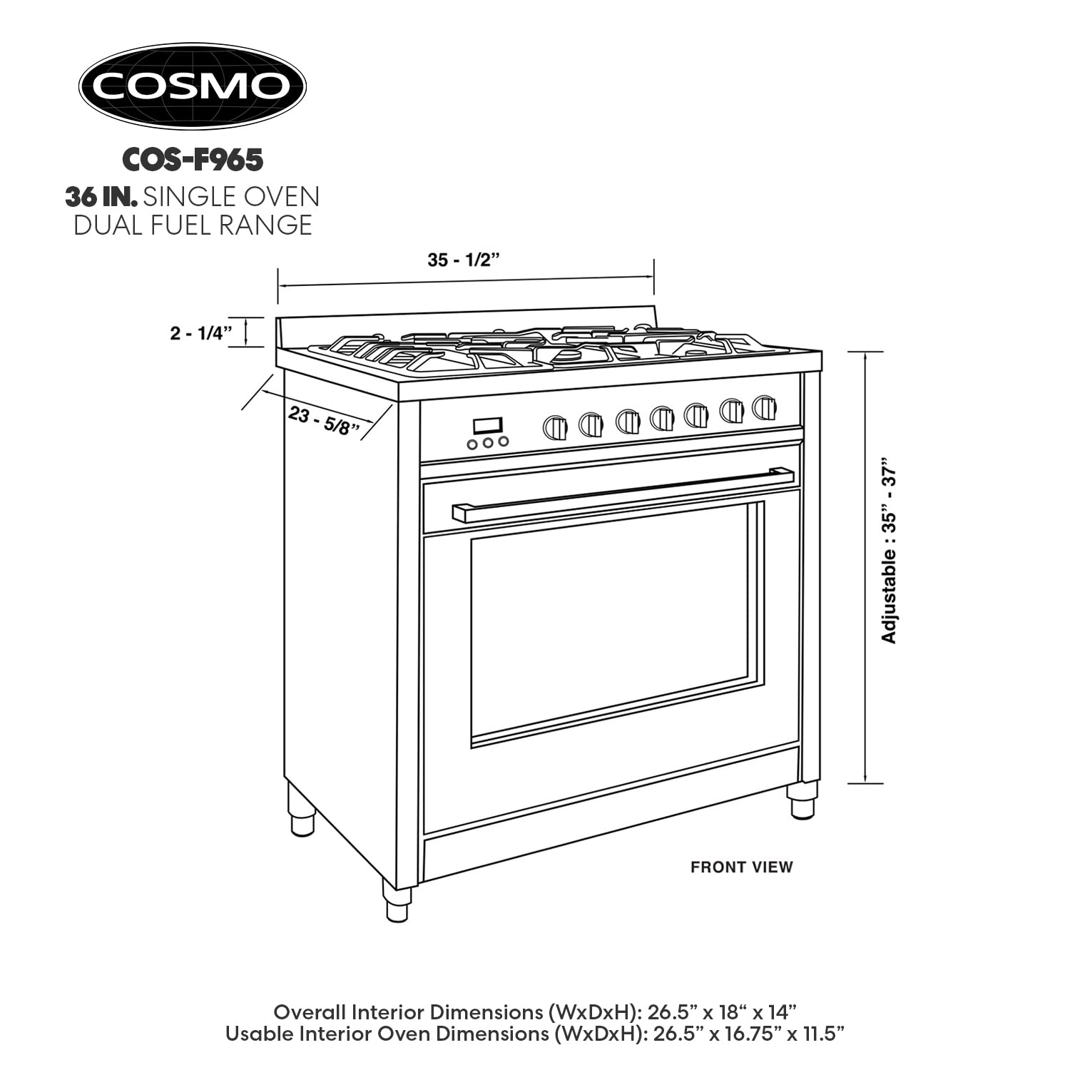 COSMO F965 36-inch Stainless Steel Dual Fuel Range - 3.8 cu. ft. Capacity, 5 Sealed Burners & 8-Function Convection Oven | Perfect for Home Chefs & Modern Kitchens