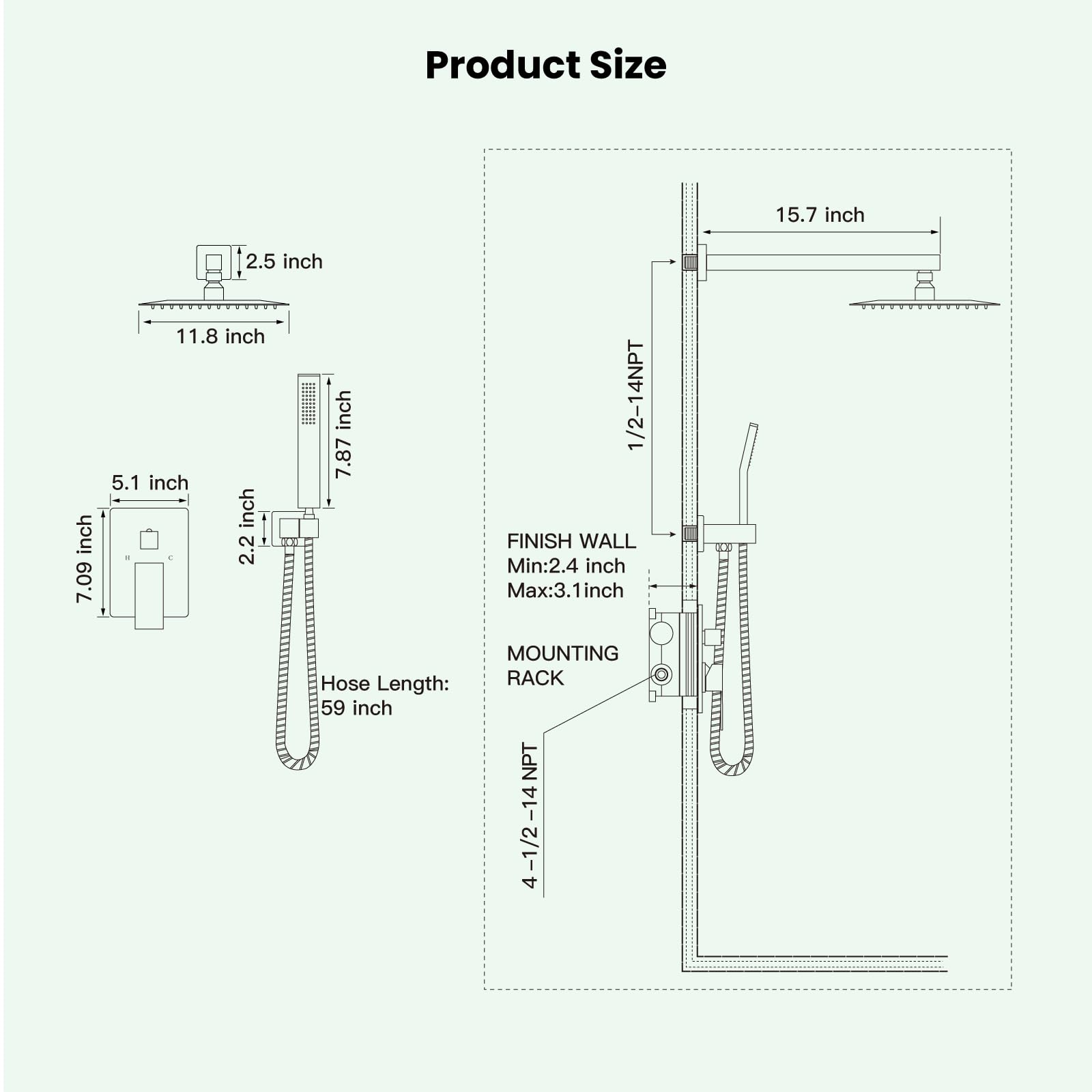Gotonovo Rainfall Shower System - 12 Inch Matte Black Wall Mounted Shower Head & Handle Combo with Solid Brass Pressure Balancing Mixer Valve - Perfect for Modern Bathrooms, Spa-Like Experience, High Pressure Rainfall Shower