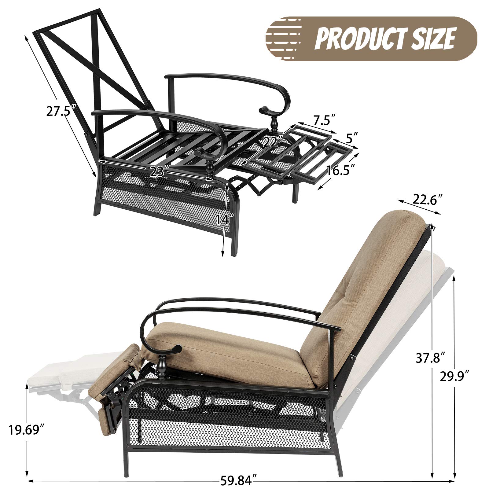 Crownland 2-Piece Outdoor Lounge Chair Set with Adjustable Reclining Patio Chairs & Umbrella Bistro Table - Water Resistant Cushions, Durable Metal Furniture (Brown) - Perfect for Backyard, Poolside & Patio Relaxation