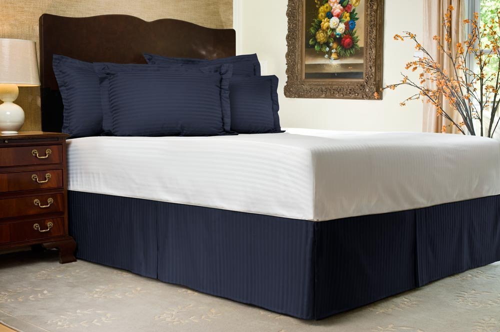 Premium 210 Thread Count Egyptian Cotton Split Corner Bed Skirt - Navy Blue Striped, Wrinkle & Fade Resistant - Queen/Olympic Queen Size with 14
