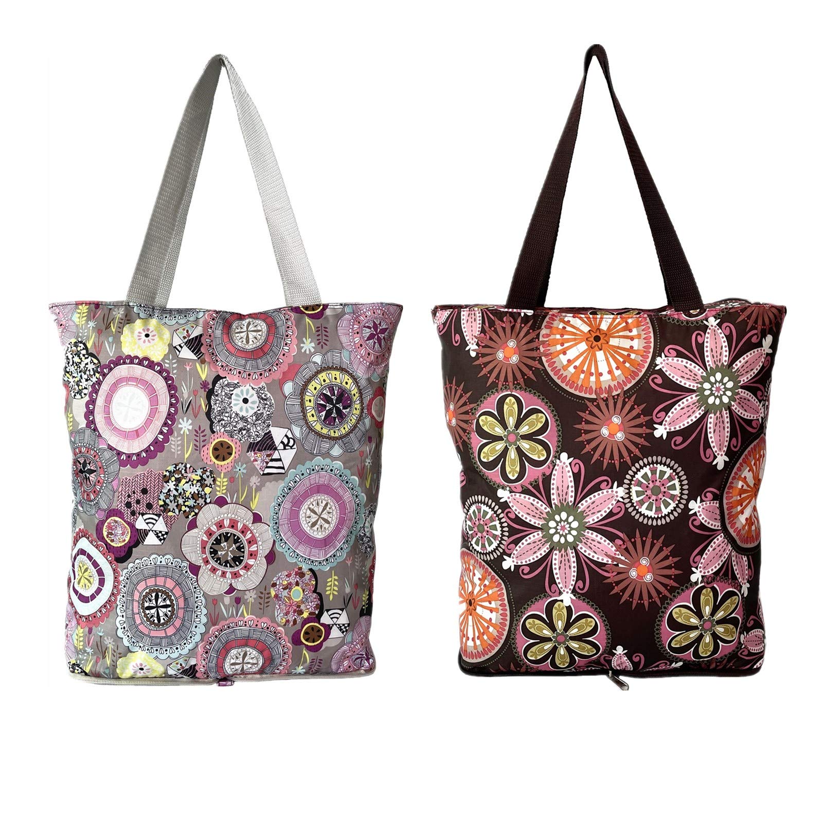 Foldable Waterproof Grocery Tote Bags 2 Pack - Large Reusable Shopping Bags with Zipper Closure, Lightweight & Durable for Daily Use - Floral Design for Groceries, Beach Trips, and Farmers Market Shopping