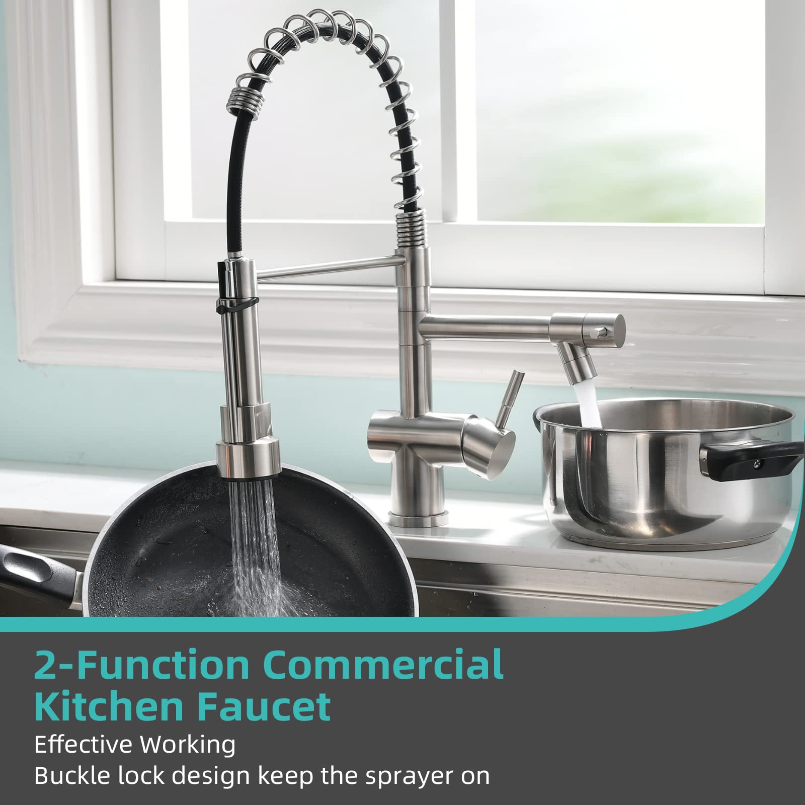 Commercial Kitchen Faucet with Pull Down Sprayer - Brushed Nickel High Arc Stainless Steel Sink Faucet, 1 or 3 Hole Installation, Spring Single Handle Design - Perfect for Restaurants, Bars & Home Kitchens