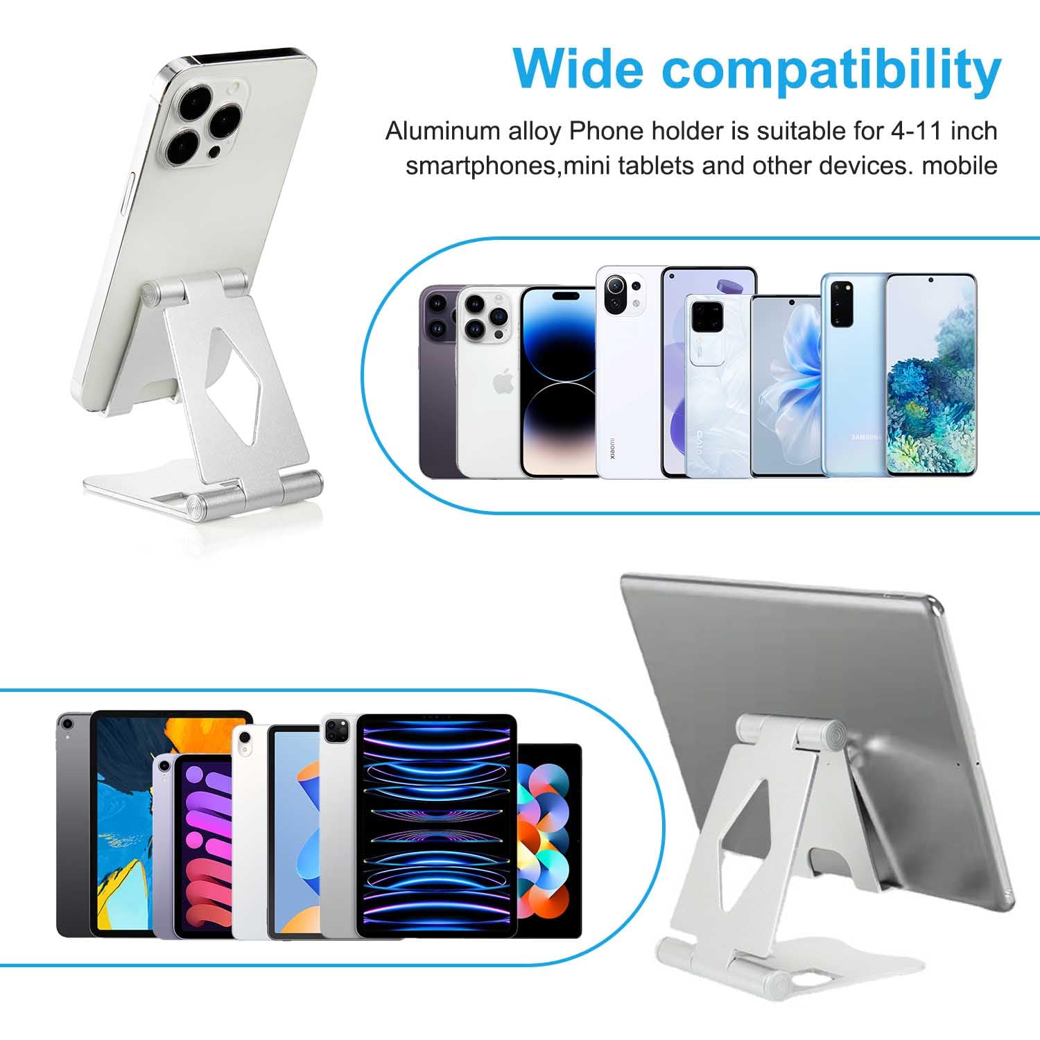 Adjustable Aluminum Phone Stand for Desk - Universal Smartphone Holder Compatible with iPhone 14/13/12/11 Pro Max, Samsung Galaxy, Huawei & More - Perfect for Home Office, Video Calls & Hands-Free Viewing