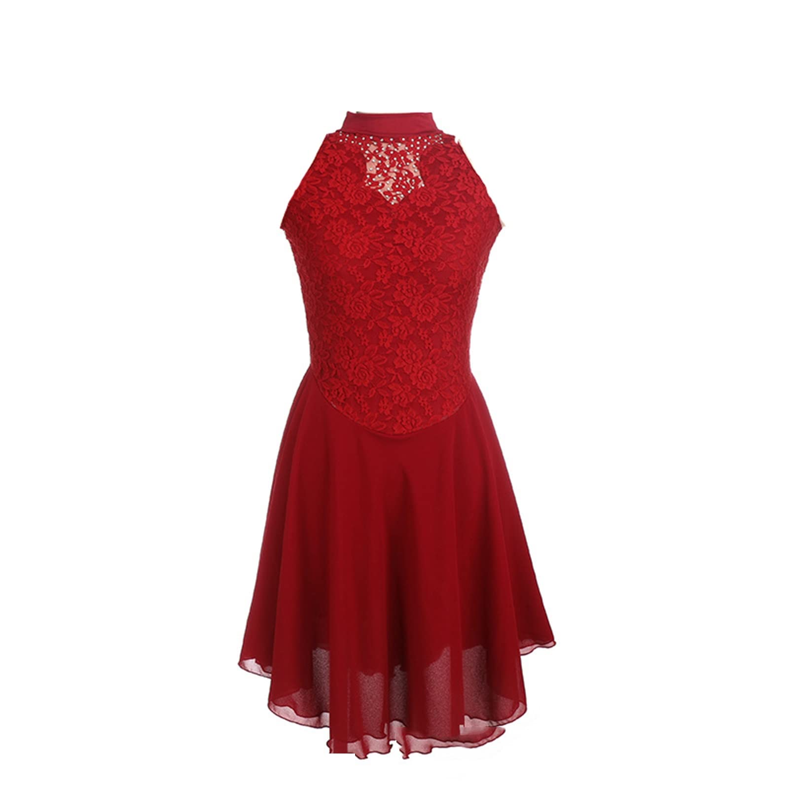 Elegant Red Sleeveless Lace Figure Skating Dress for Girls - Round Neck Ice Skating & Ballroom Dance Costume | Perfect for Competitions, Performances, and Dance Recitals