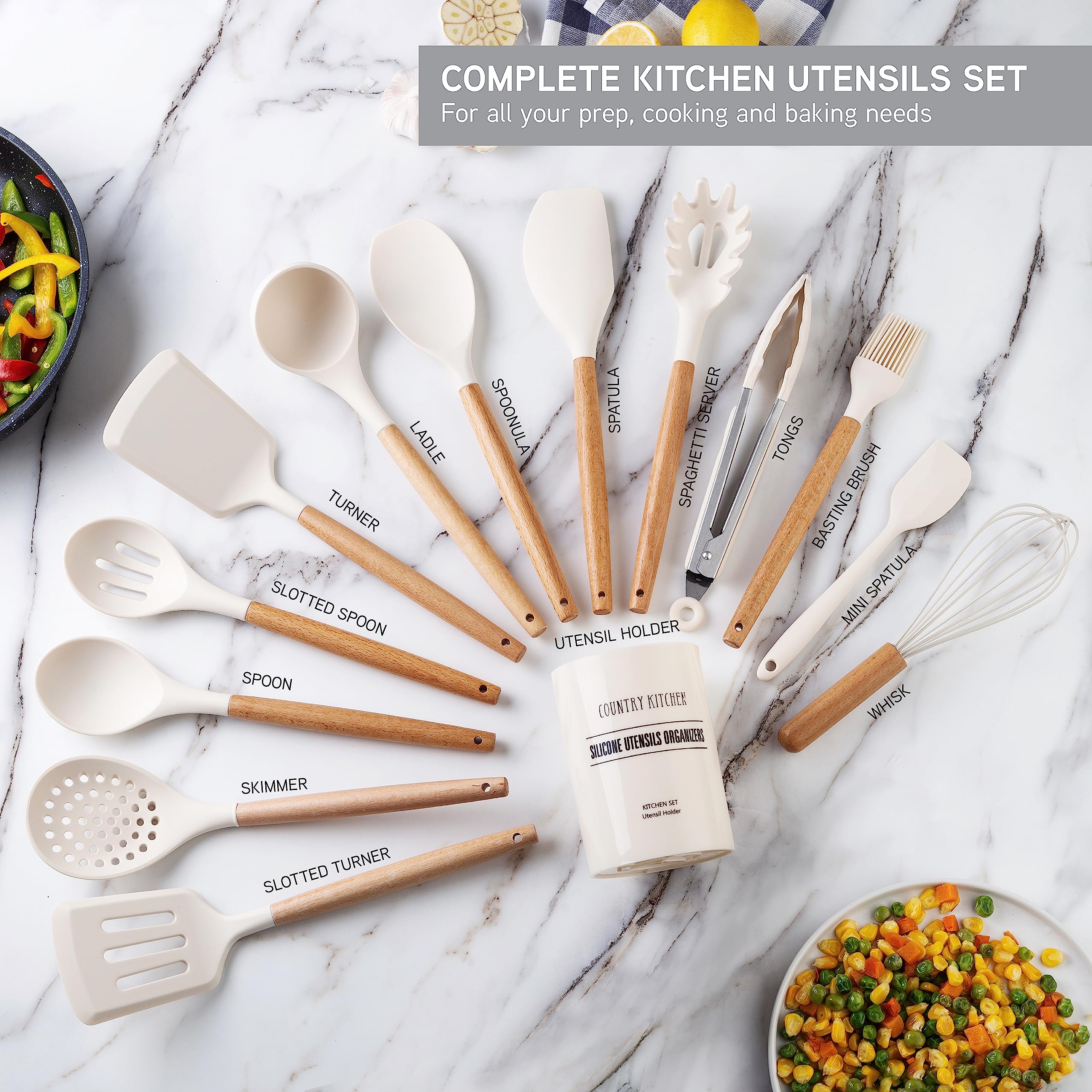 Non-Stick Silicone Cooking Utensil Set with Wood Handles - 14-Piece Kitchen Tool Set for Baking, Frying & Stirring - Country Kitchen Style in Khaki - Perfect for Everyday Cooking & Gift Giving