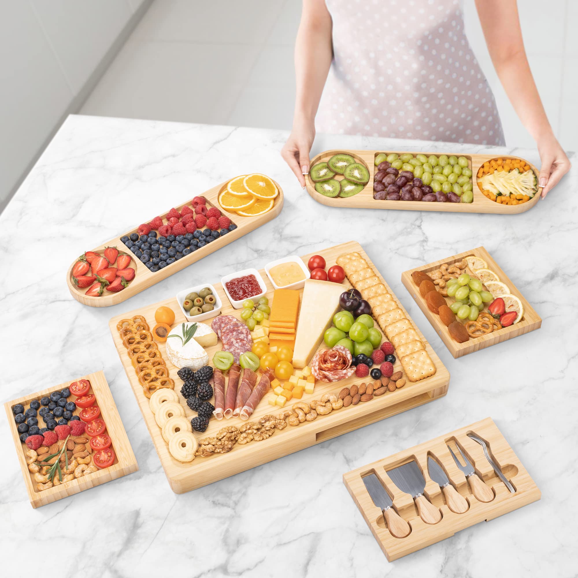 Premium Bamboo Charcuterie Board Set with 2 Drawers - Extra Large Cheese & Charcuterie Serving Tray - Perfect for Entertaining, Weddings, Housewarming & Birthday Gifts - Elegant Appetizer Display for Parties, Cheese Tasting & Charcuterie Nights