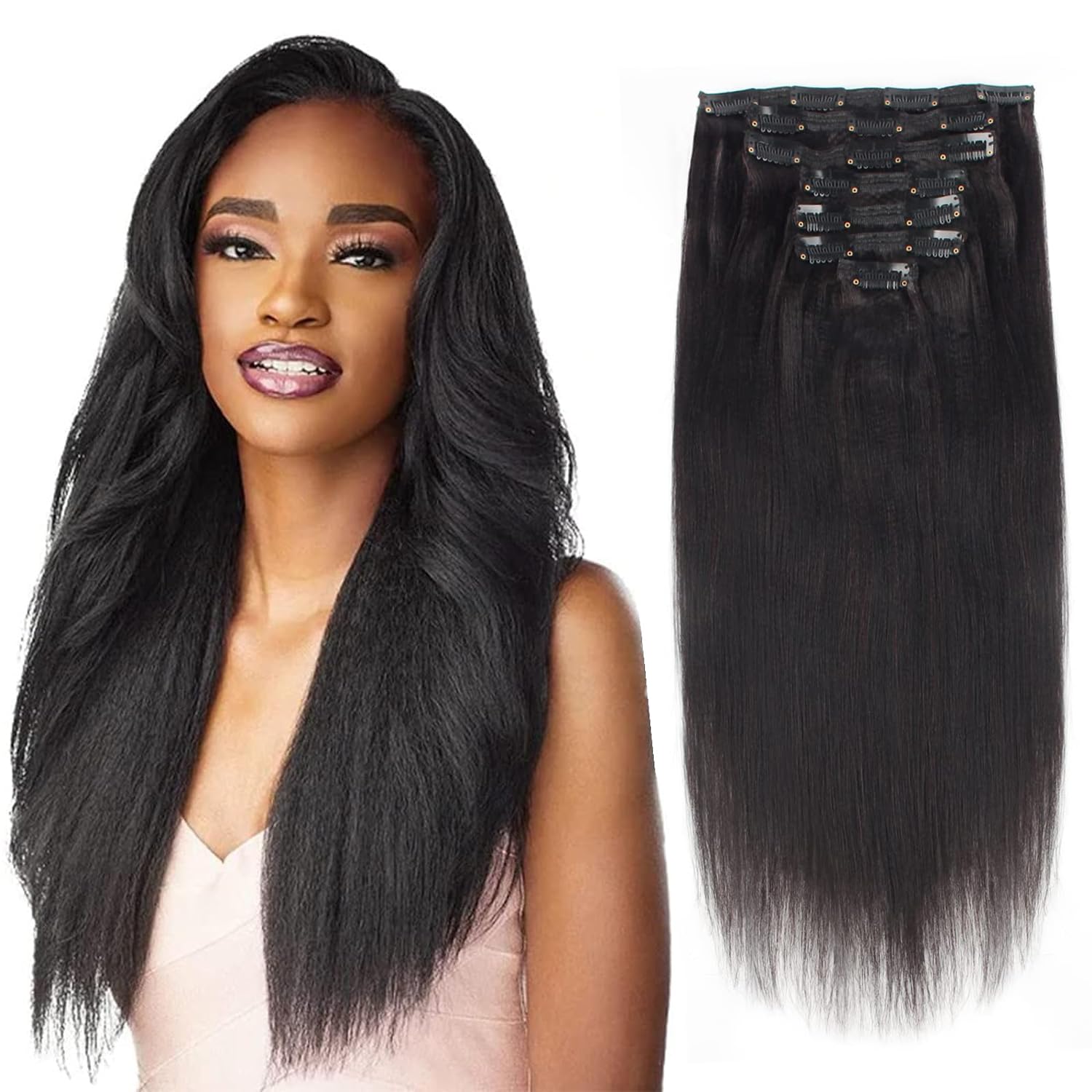12 Inch Thick Yaki Straight Clip-in Human Hair Extensions - 120g 7-Piece Set with 17 Clips for Black Women | Natural Black Double Weft Real Human Hair | Perfect for Daily Styling, Parties & Special Occasions