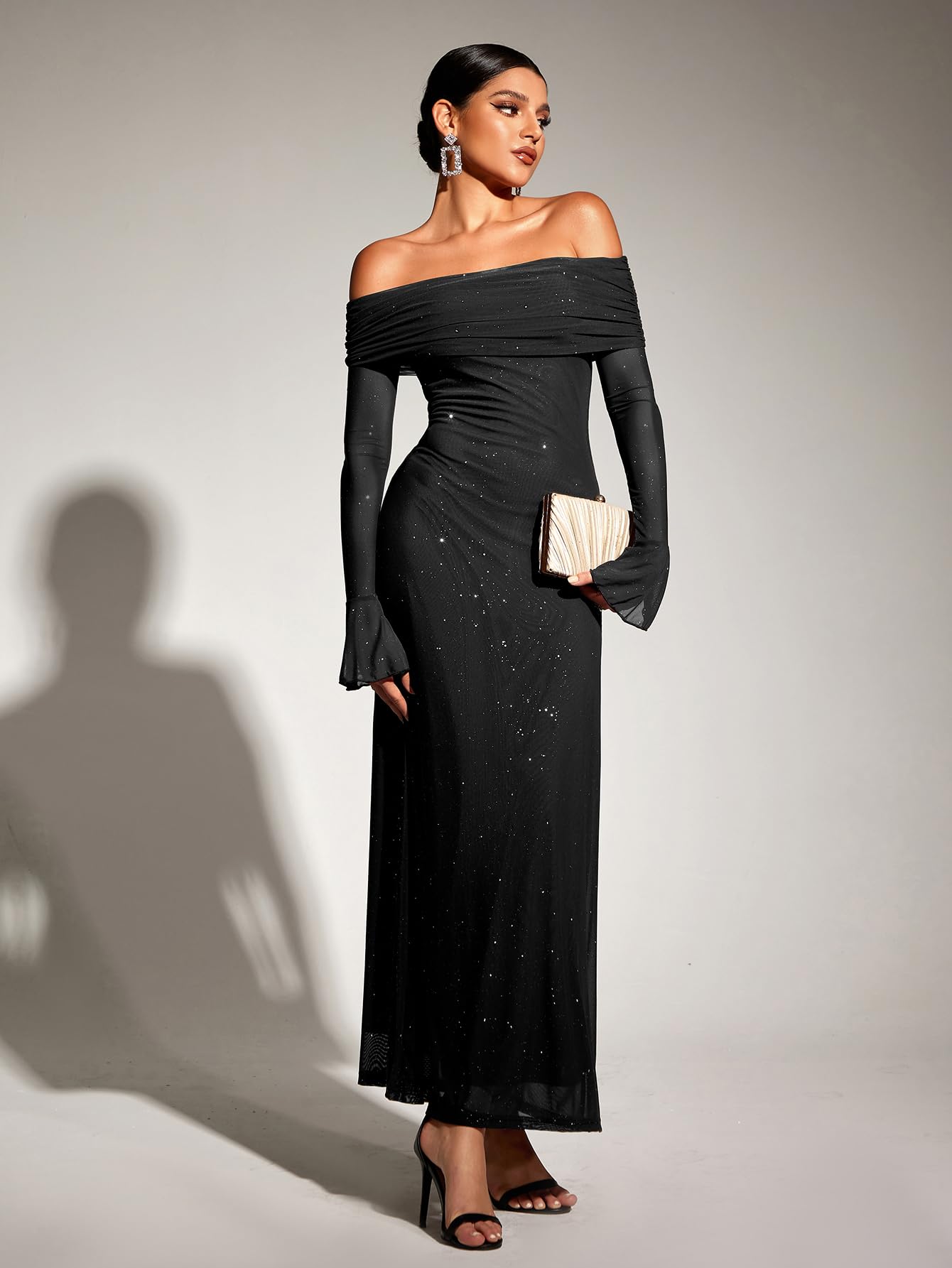 KUTUMAI Women's Off Shoulder Bodycon Maxi Dress - Long Sleeve Mesh Ruched Party Gown for Wedding Guest, Cocktail, Evening & Formal Events