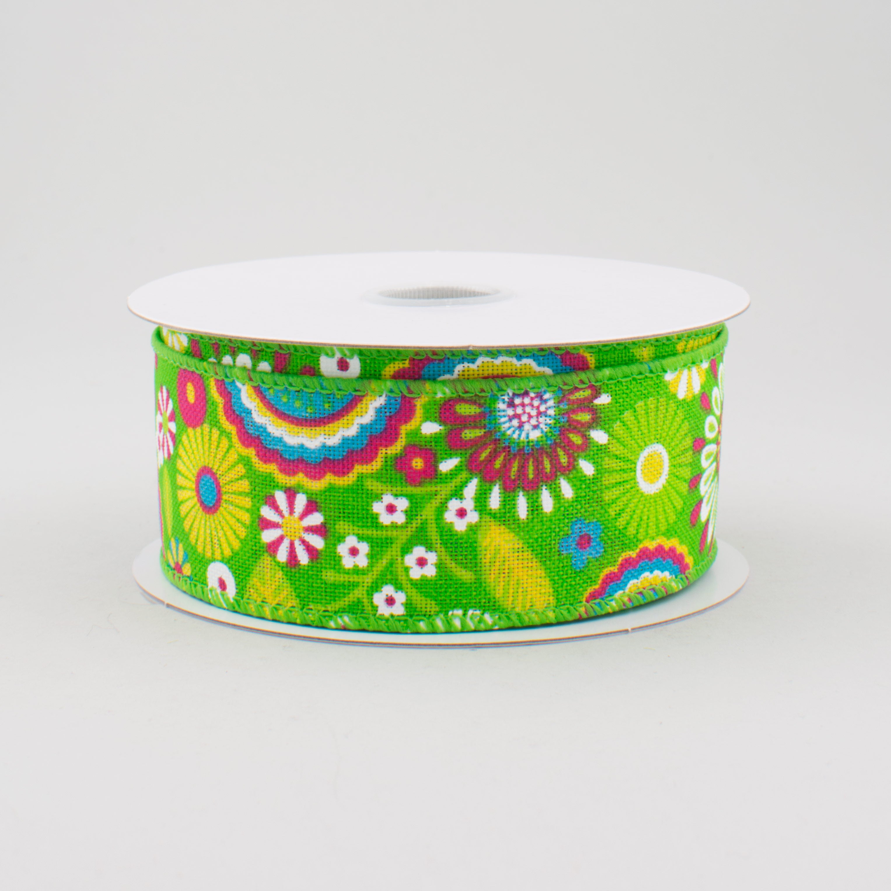 1.5 Inch Lime Green Canvas Spring Flower Doodles Ribbon - 10 Yards Bulk Roll for DIY Crafts, Gift Wrapping, Scrapbooking & Party Decorations