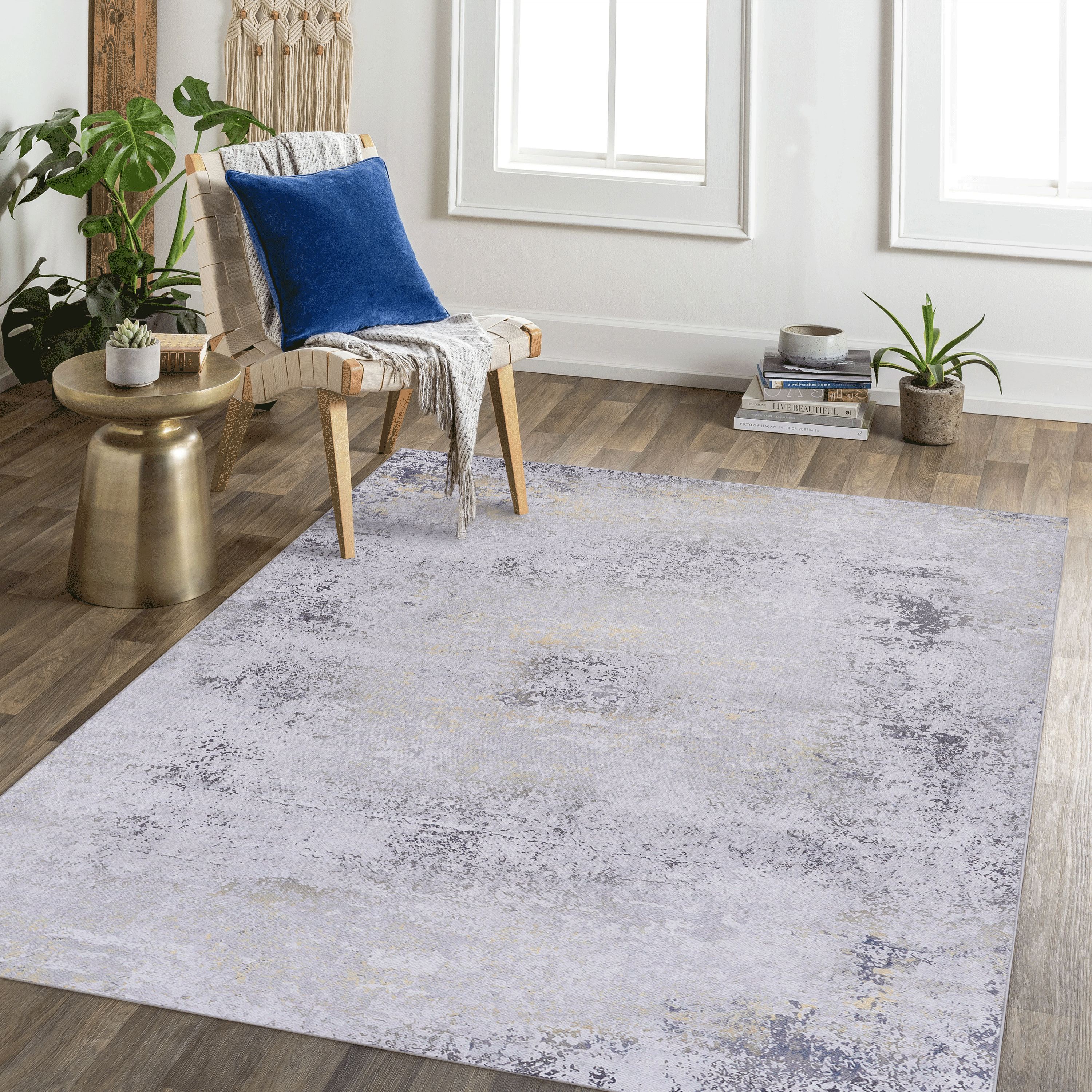 DTY Signature 6x9 Washable Low Pile Non-Slip Area Rug - Foldable, Non-Shedding, Kid & Pet Friendly - Perfect for Living Room, Bedroom, Kitchen (Gray/Gold, 6' x 9') - Ideal for Home Decor, Family Gatherings & Cozy Spaces