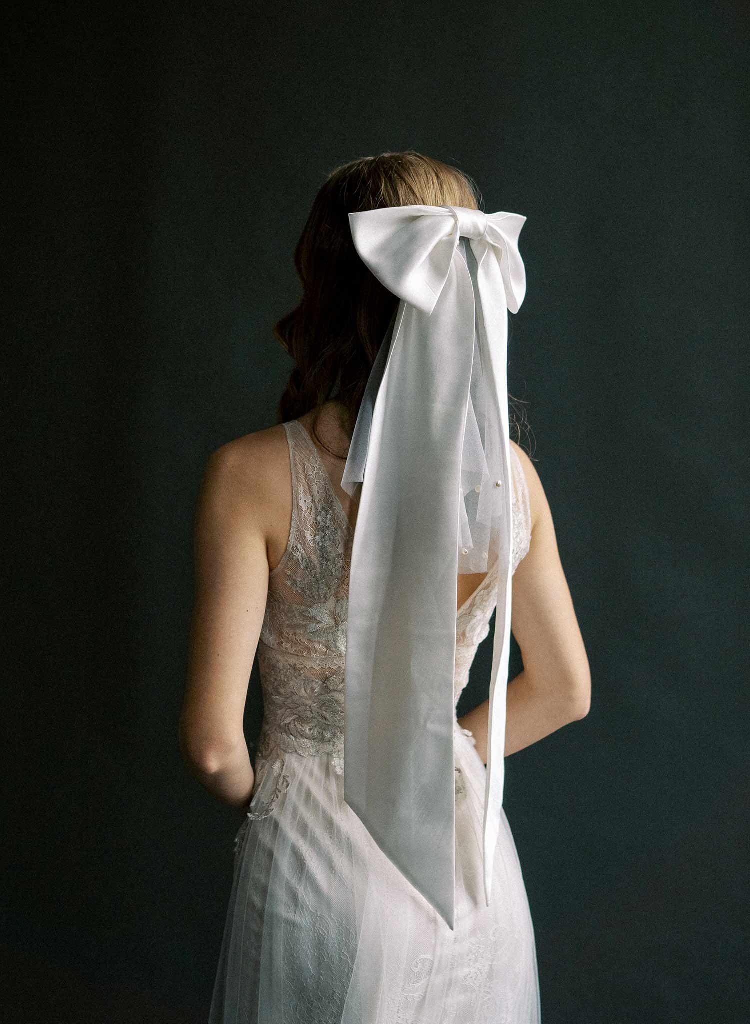 Elegant Silk Wedding Hair Bow with Long Tails & Pearl Mini Veil - Style #2575 | Perfect for Bridal Accessories, Bridesmaids & Special Occasions