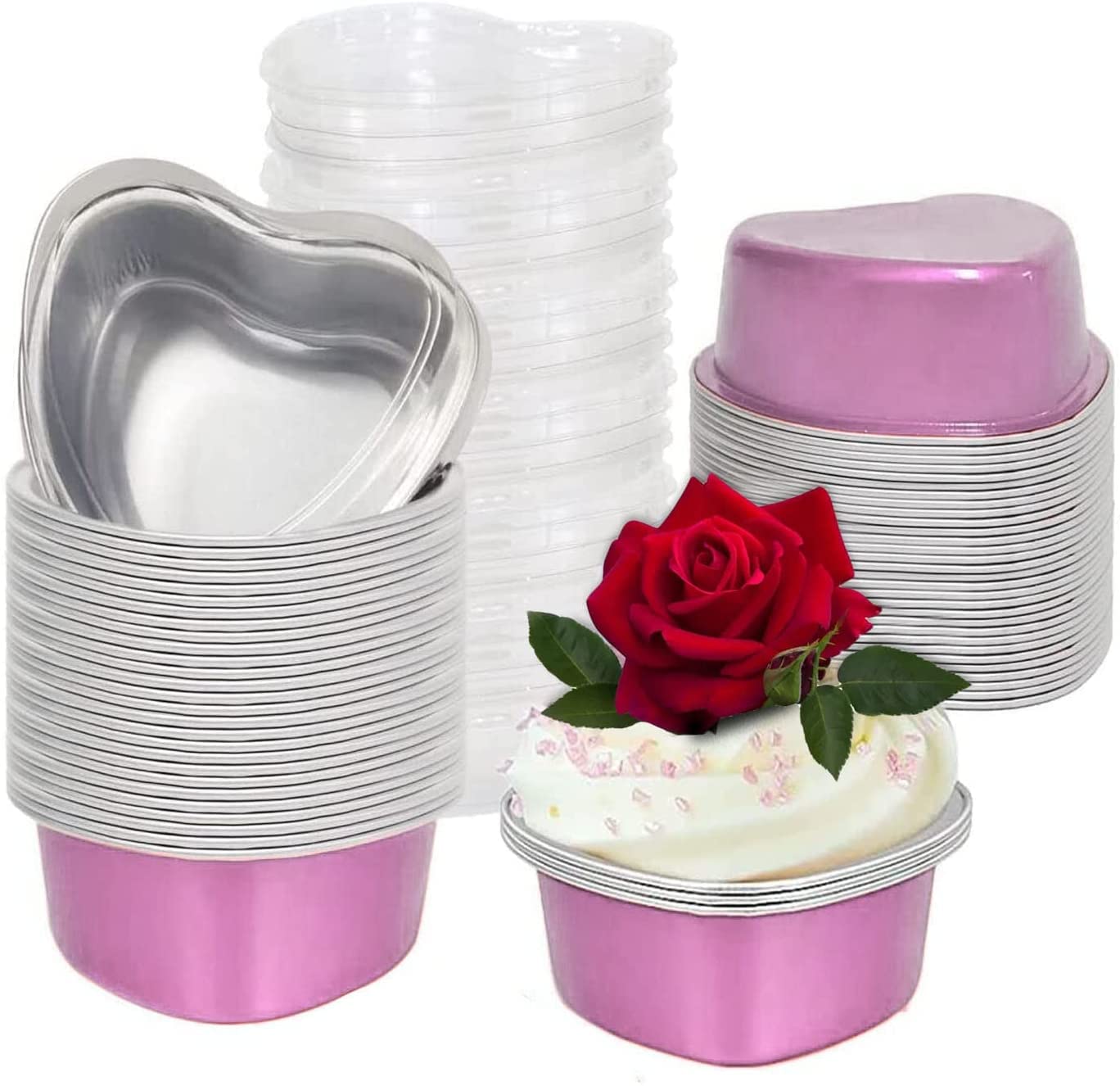 Disposable Heart Shaped Foil Cake Pans with Lids - 50 Pack Pink Mini Baking Cups for Cupcakes, Flan & Desserts | Perfect for Valentine's Day, Weddings, Mother's Day, Easter & Birthday Party Decorations
