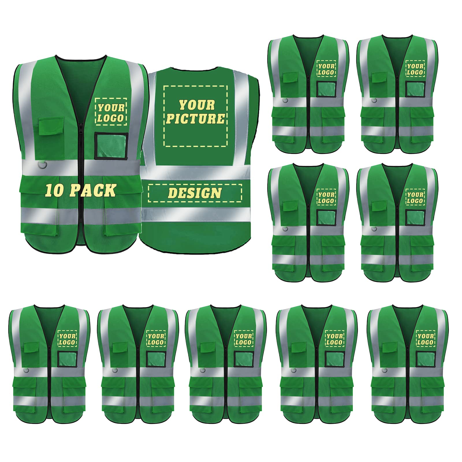 Custom Safety Vest with Logo - Class 2 High Visibility Reflective Workwear with 5 Pockets for Outdoor Construction, Road Work & Emergency Services | OSHA Compliant Protective Gear