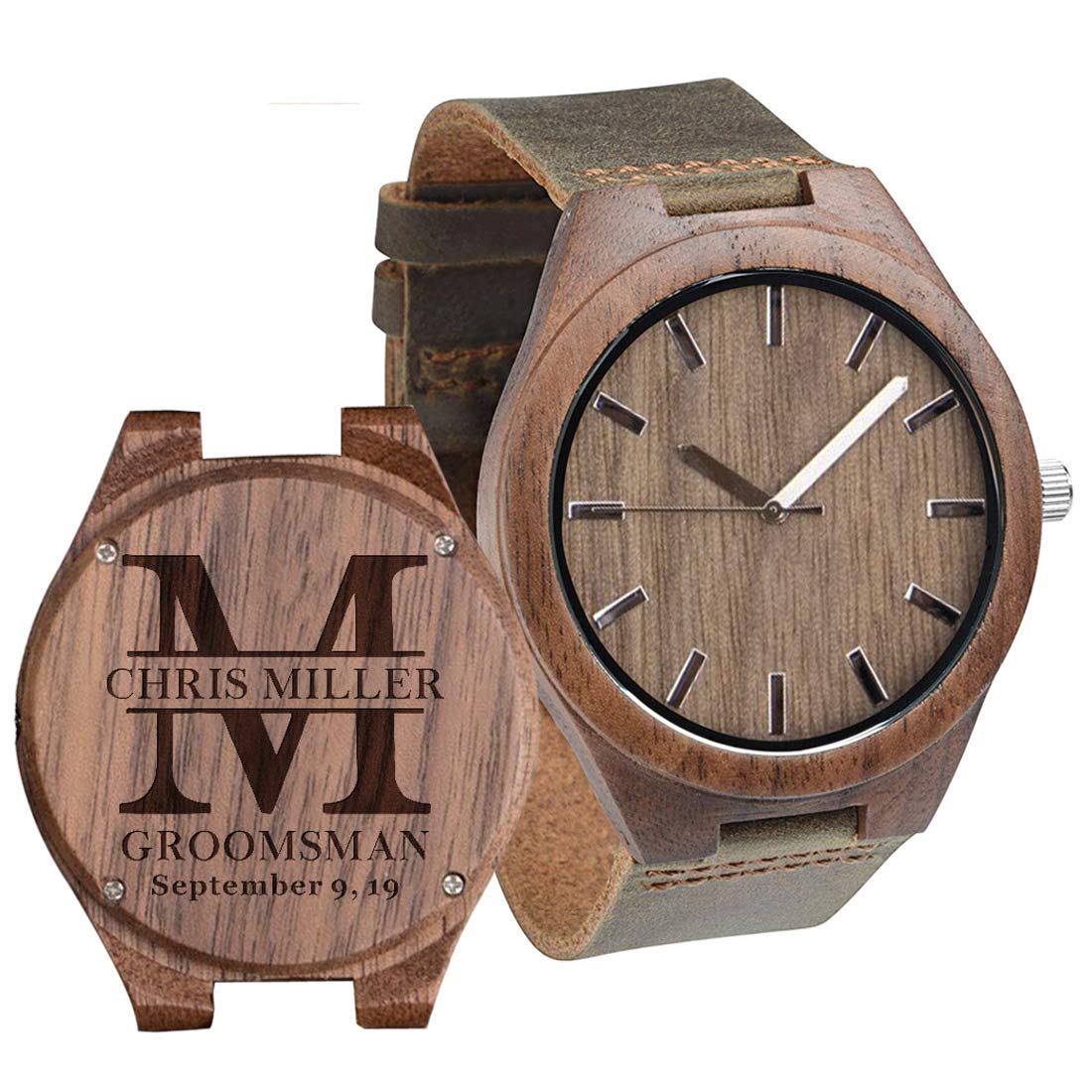 Personalized Engraved Wooden Watch for Men - Custom Black Leather Strap - Perfect Gift for Husband, Dad, Boyfriend, Son - Anniversary, Birthday, Wedding, Groomsmen Gift - Ideal for Casual Wear, Office & Special Occasions