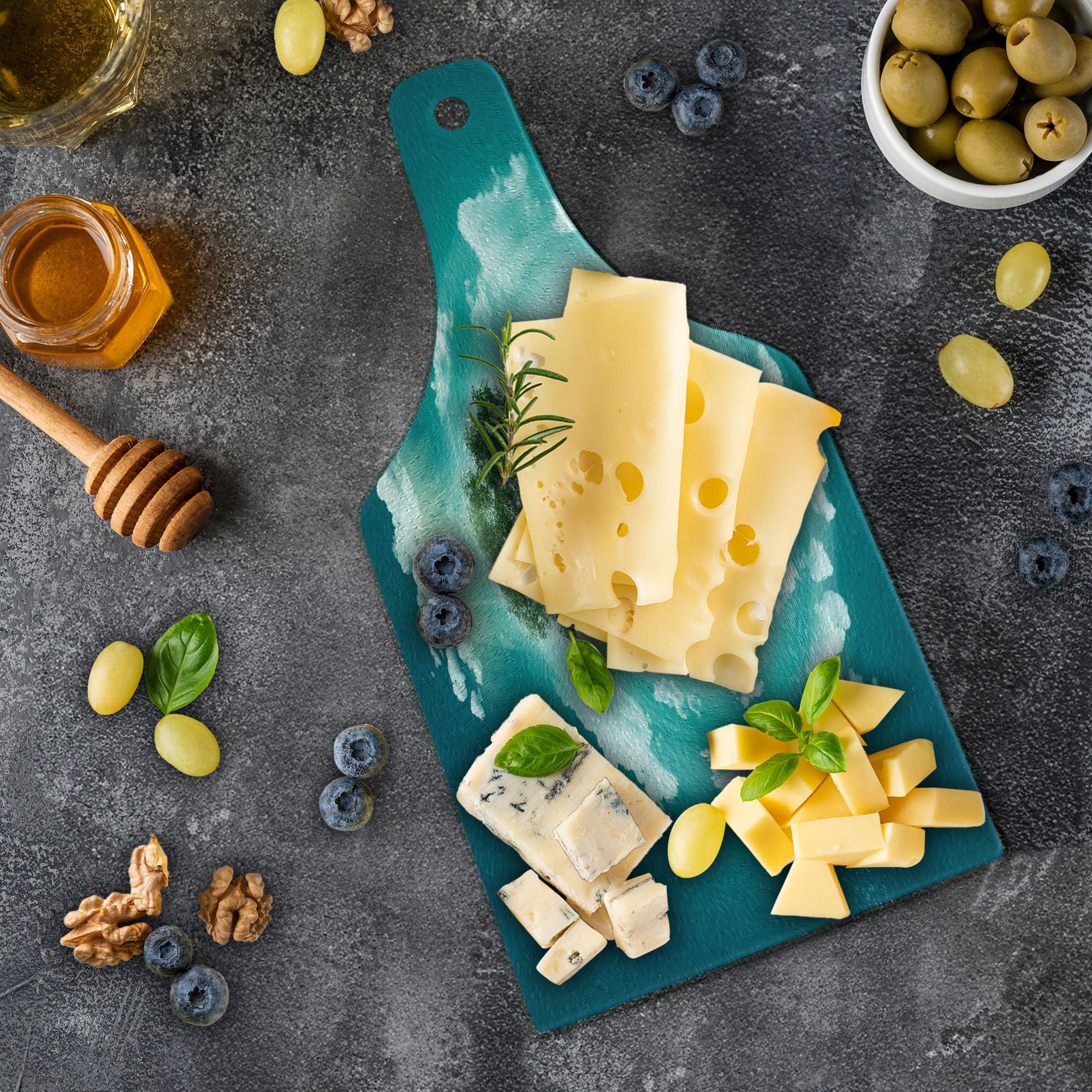 Ambesonne Tree of Life Tempered Glass Cutting Board - Artistic Wine Bottle Shaped Serving Board with Grassy Globe & Plant Clouds Design - Perfect for Kitchen Use, Charcuterie Platter & Home Decor (Green, Blue, White)