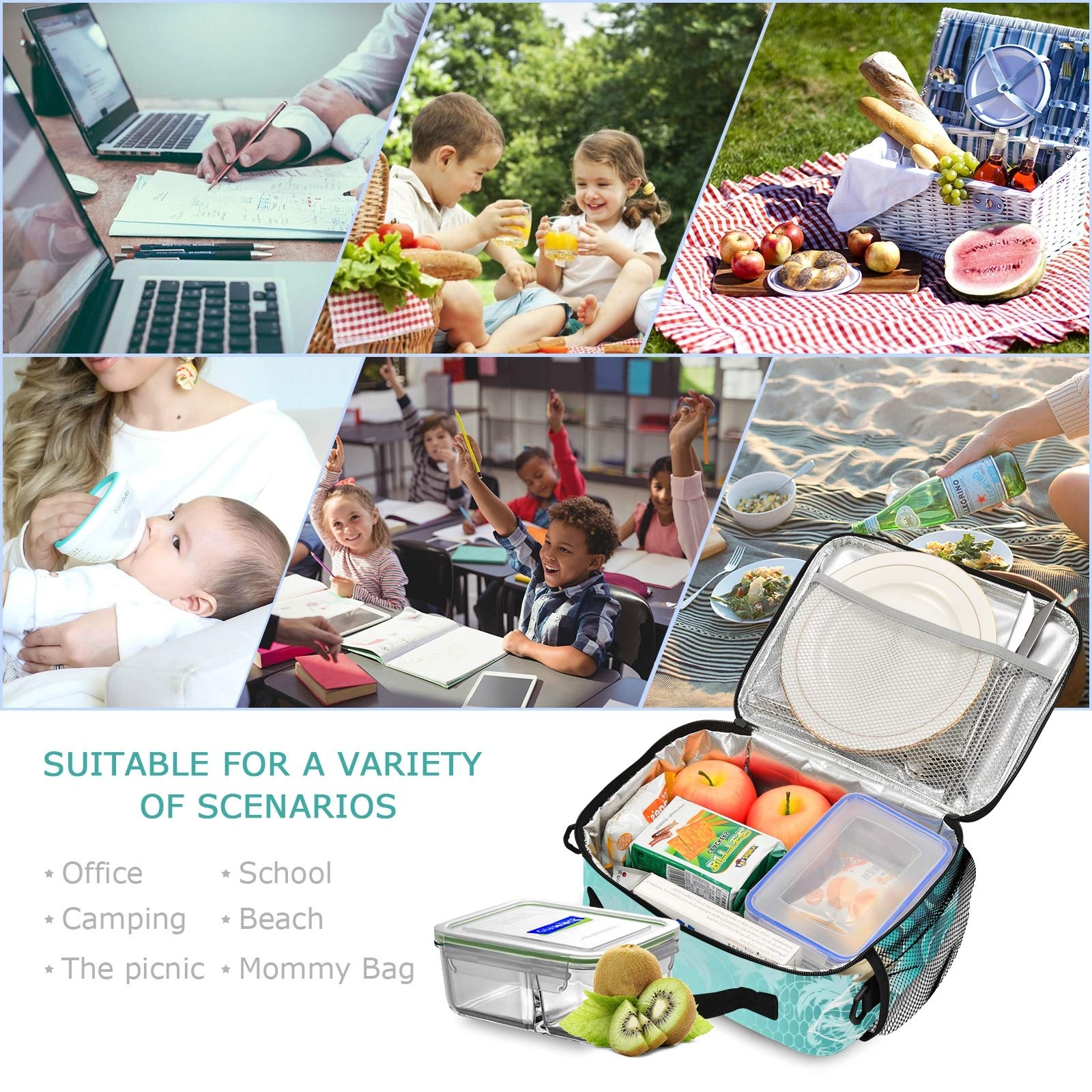 ALAZA Insulated Lunch Bag for Women & Men - Reusable Tote Cooler Bag with Adjustable Shoulder Strap, Elegant Lace Turquoise Roses White Gold Design | Perfect for Work, School, Picnics & Outdoor Activities