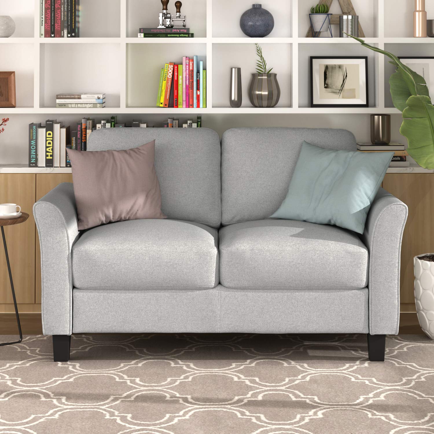 Modern Linen Fabric Upholstered Loveseat Sofa with 4 Legs & 2 Pillows - Compact Couches for Small Space Apartments, Living Room & Home Decor | Perfect for Cozy Movie Nights & Guest Seating