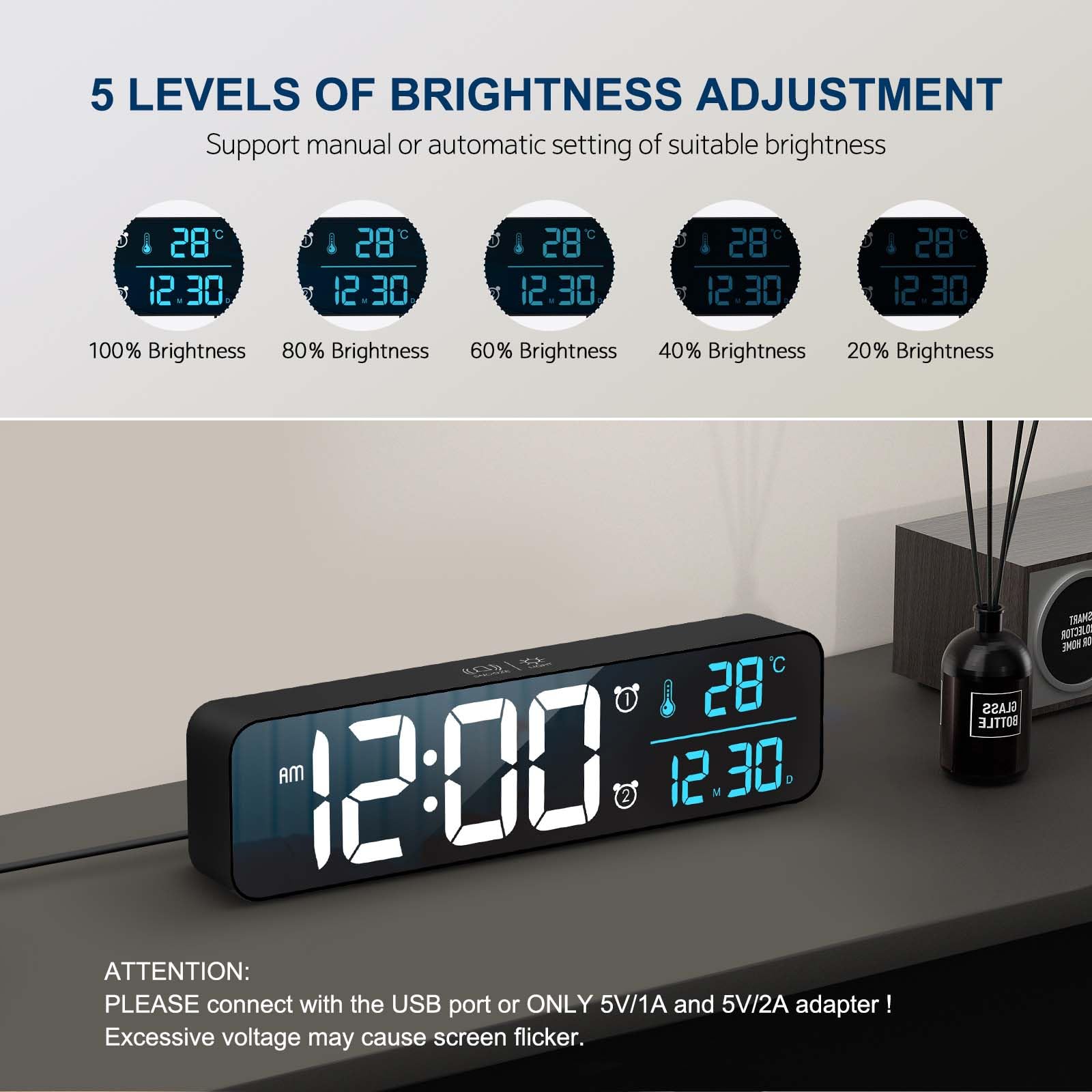 Digital Alarm Clock with Large Display - Wired Wall/Desk Clock for Bedroom, Office & Living Room Decor - Blue LED Backlight & Smart Features - Perfect for Nightstands, Workstations & Home Décor