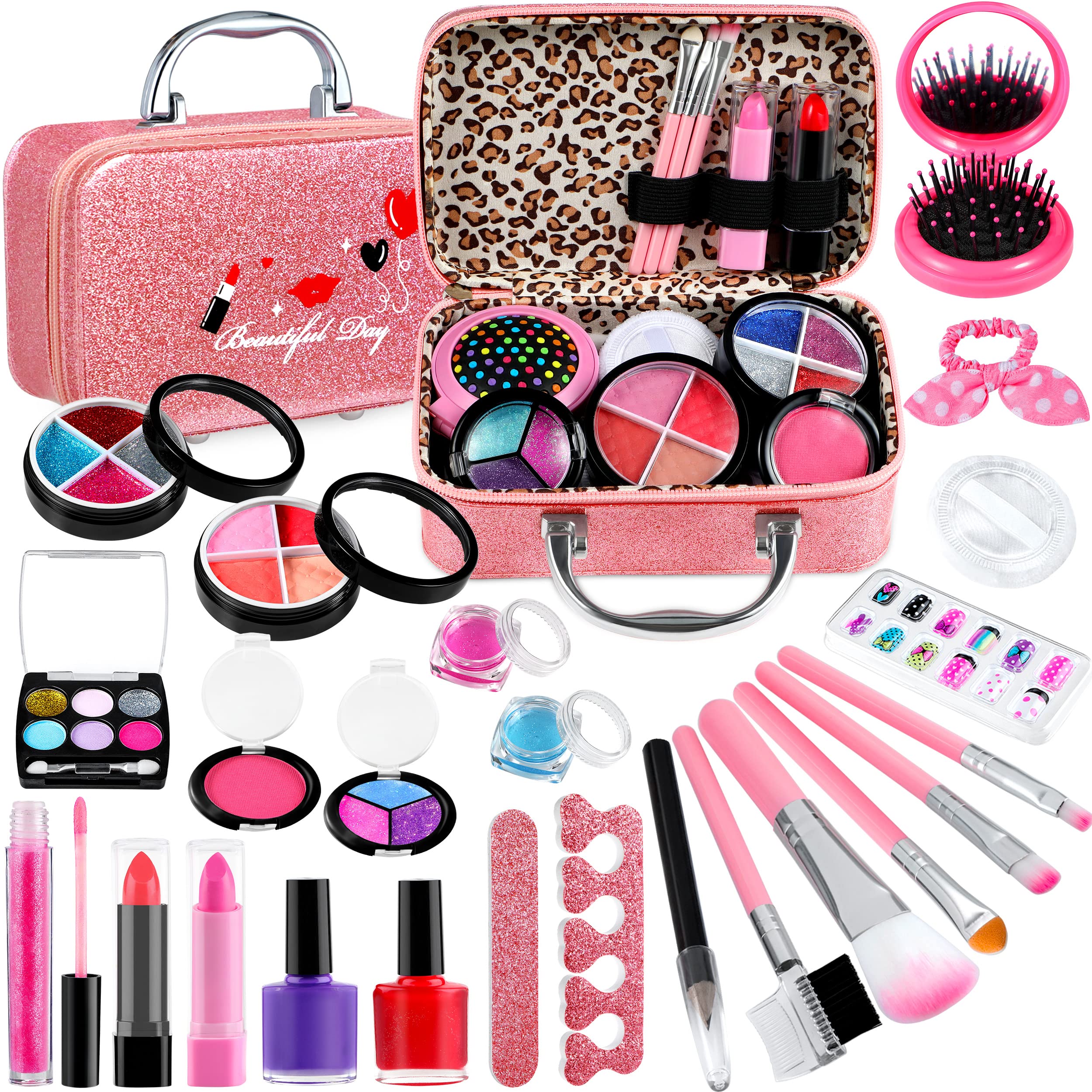 GIFTINBOX 25PCS Kids Makeup Kit for Girls - Non-Toxic Washable Pretend Play Cosmetic Set with Travel Case | Perfect Birthday Gift for Girls 5-10 Years Old | Great for Dress-Up, Role Play & Birthday Parties